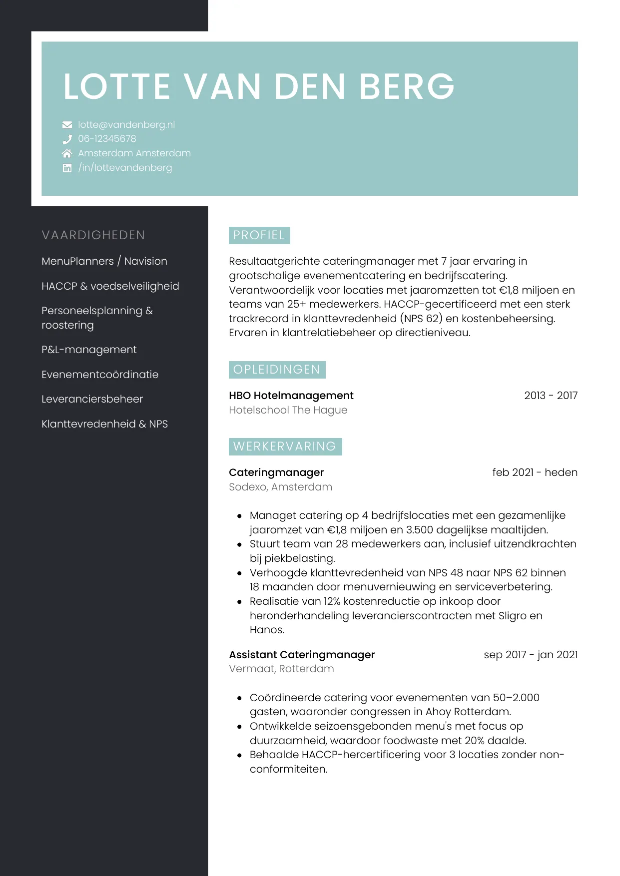 CV Elegant voor cateringmanager