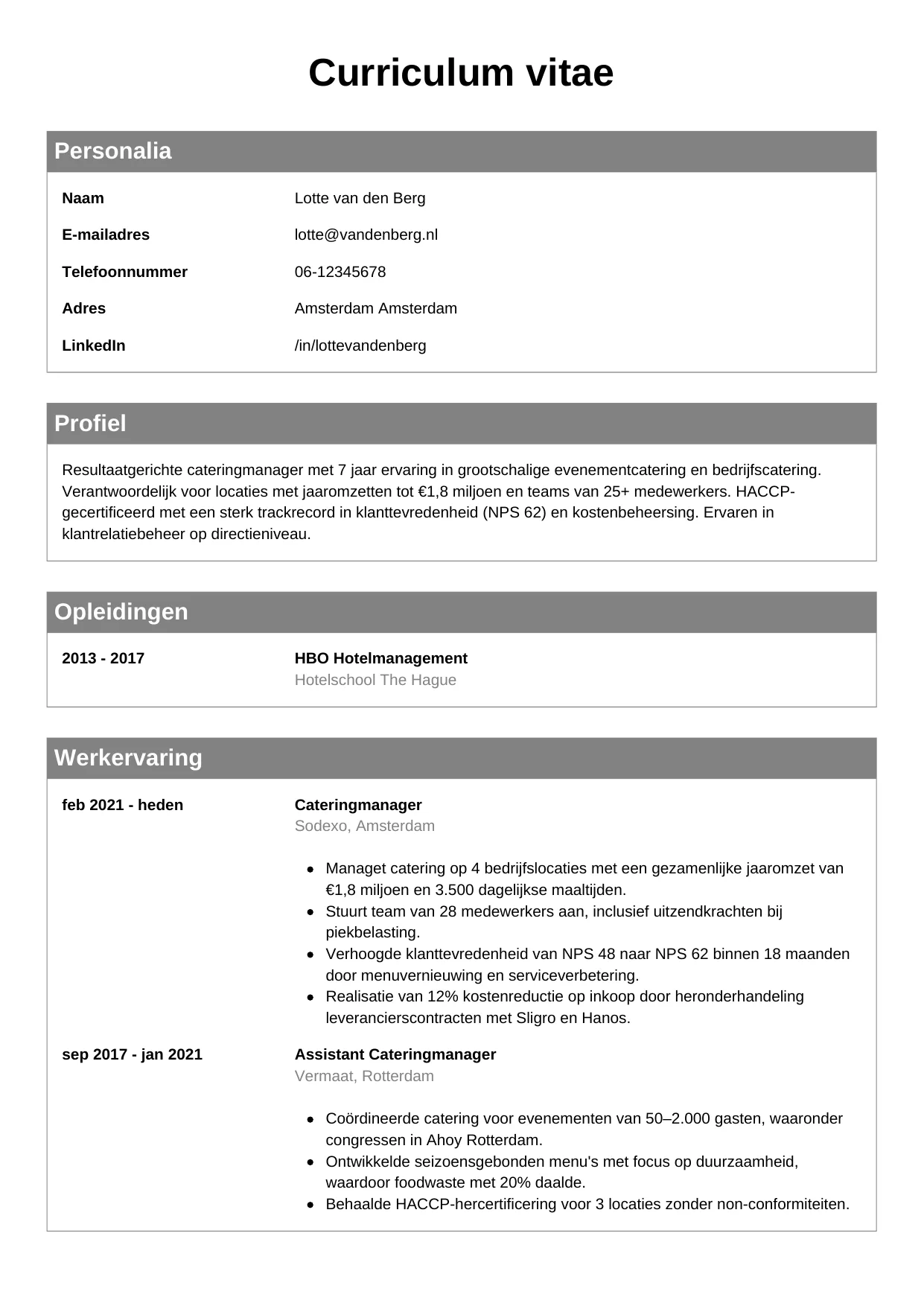 CV Klassiek voor cateringmanager