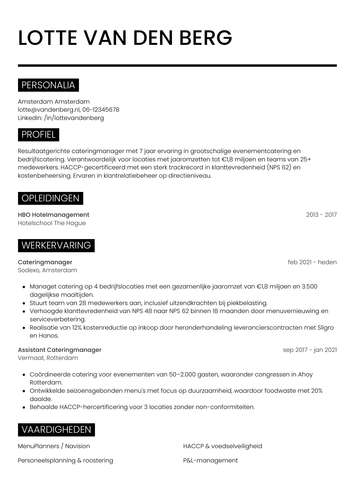 CV Metro voor cateringmanager