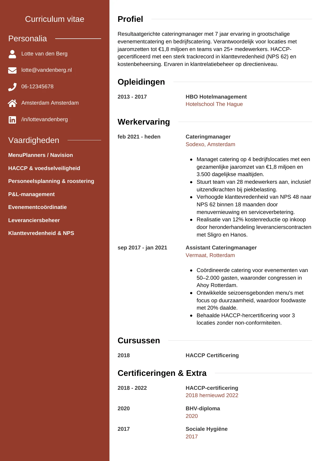 CV Modern voor cateringmanager