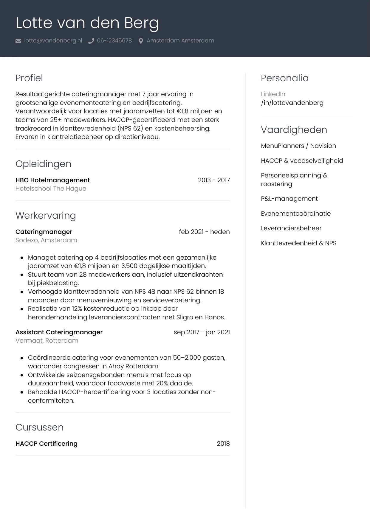 CV Professioneel voor cateringmanager