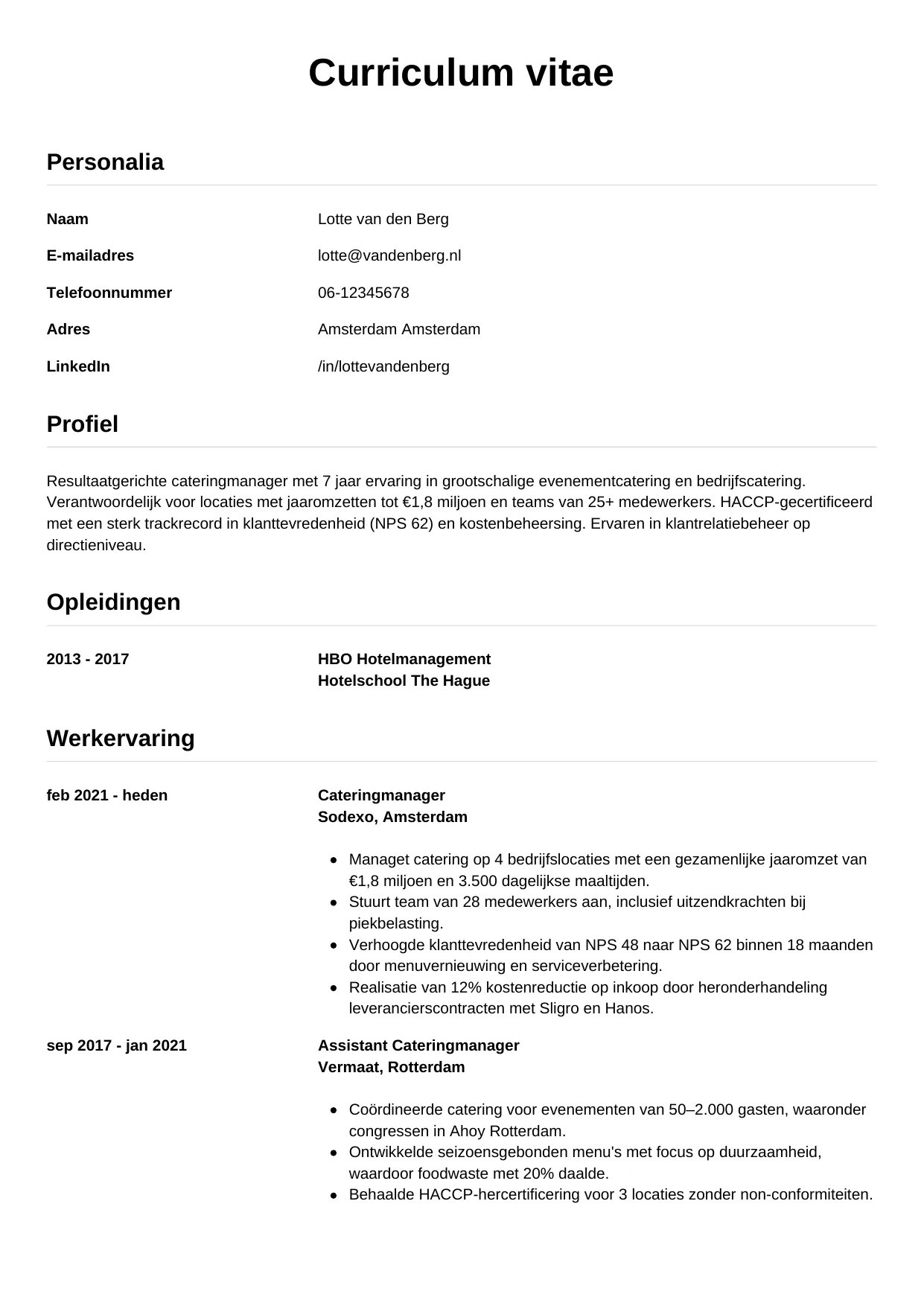CV Simpel voor cateringmanager