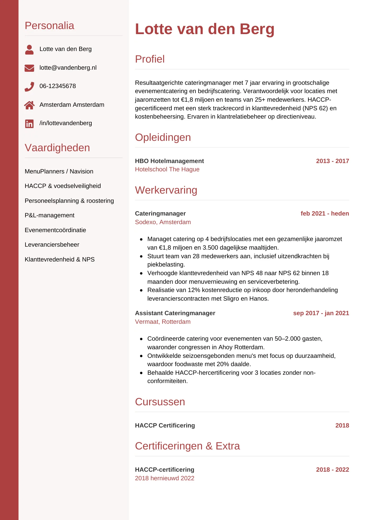 CV Verticaal voor cateringmanager