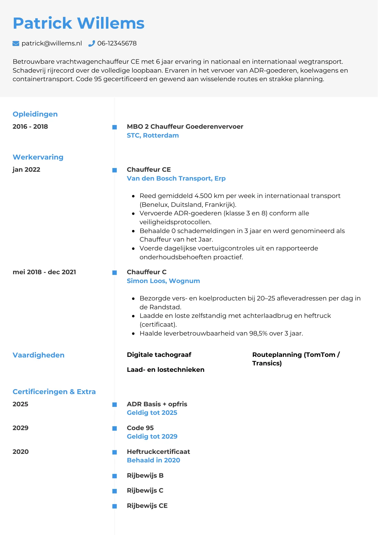 CV Chrono voor chauffeur