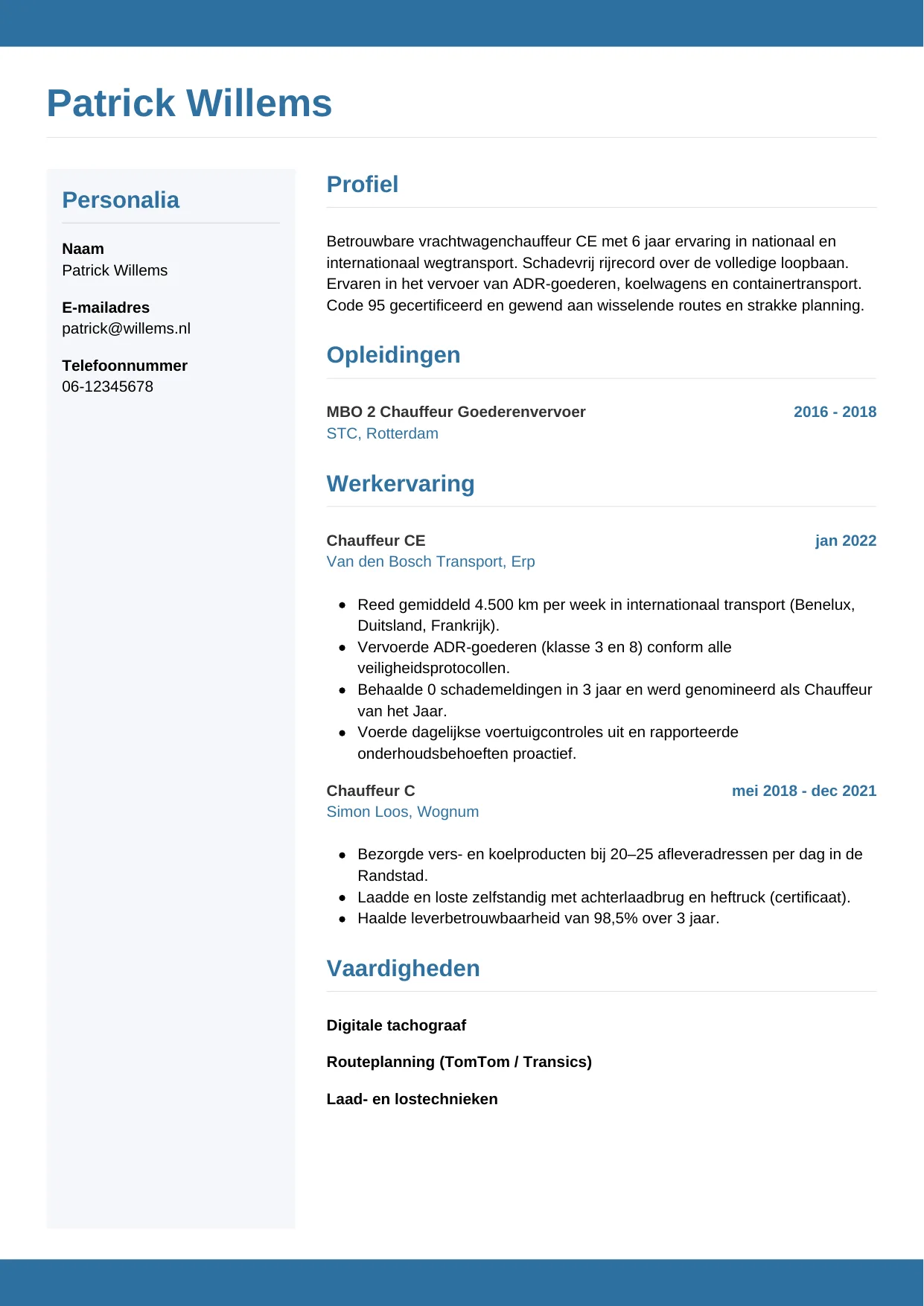 CV Horizontaal voor chauffeur