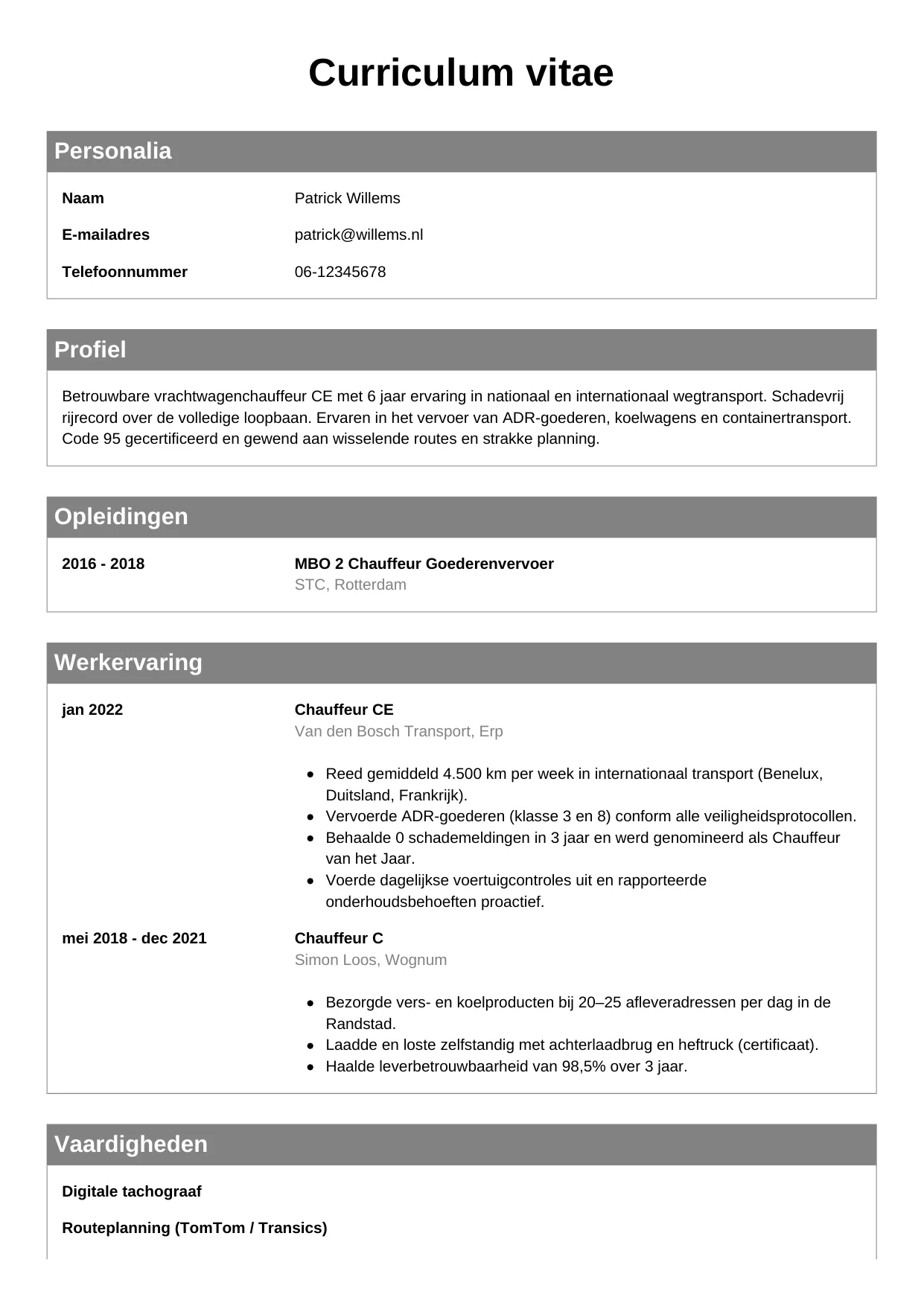 CV Klassiek voor chauffeur