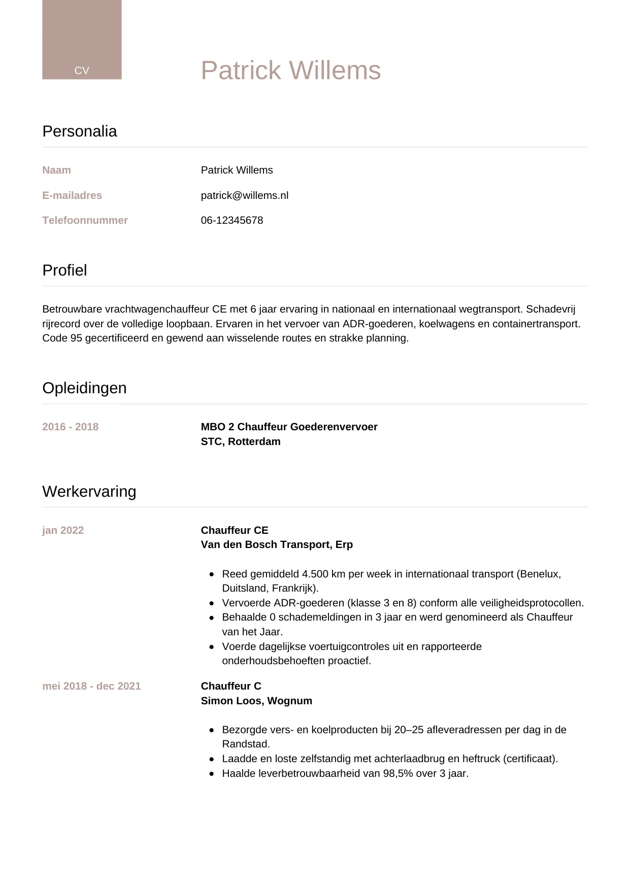 CV Luxe voor chauffeur