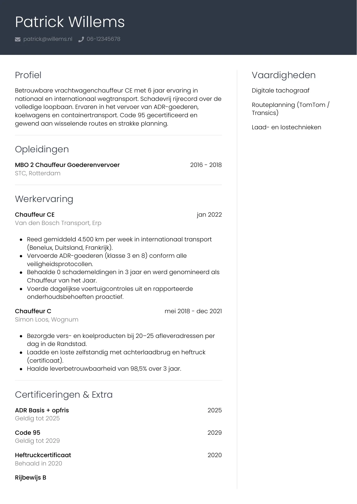 CV Professioneel voor chauffeur