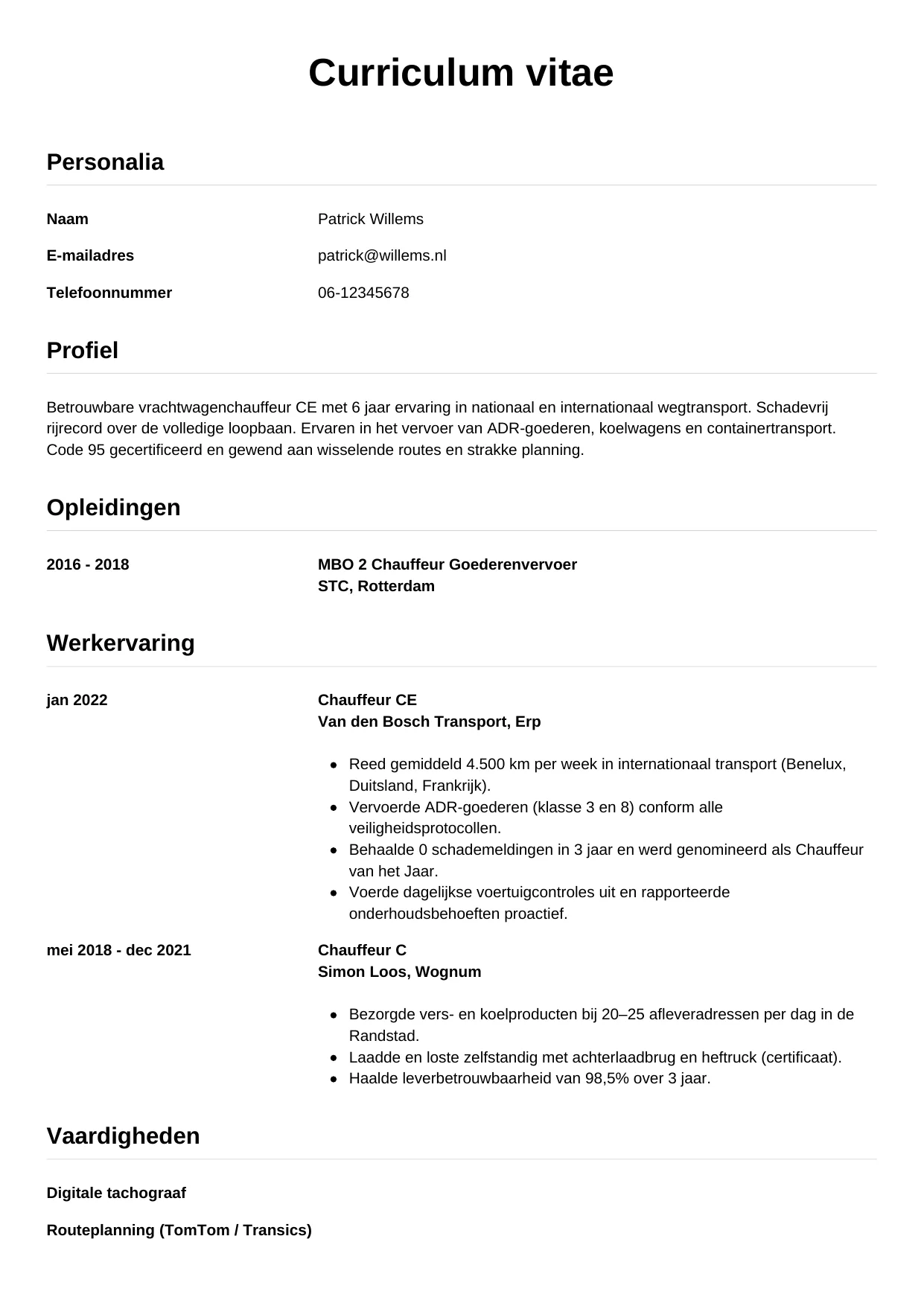 CV Simpel voor chauffeur