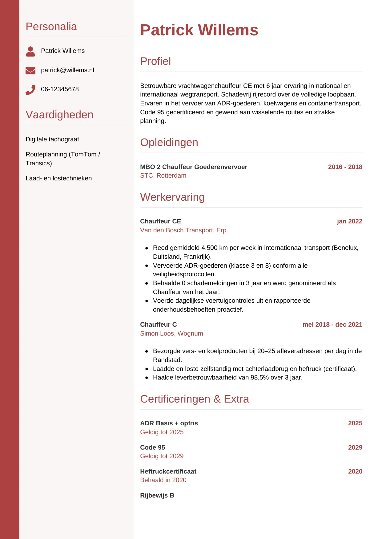 CV Verticaal voor chauffeur