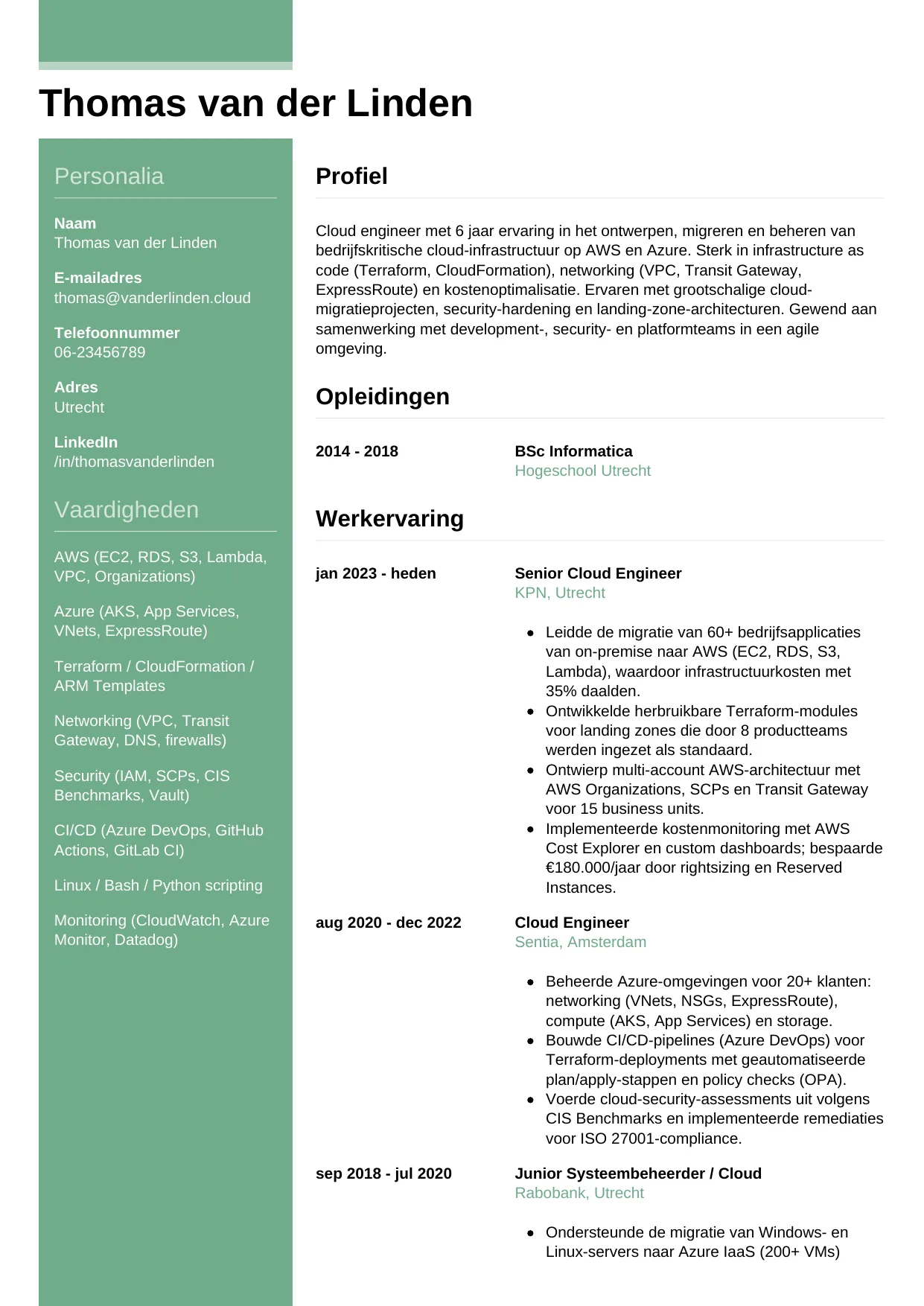 Voorbeeld CV voor cloud engineer in template Casual. CV Casual voor cloud engineer