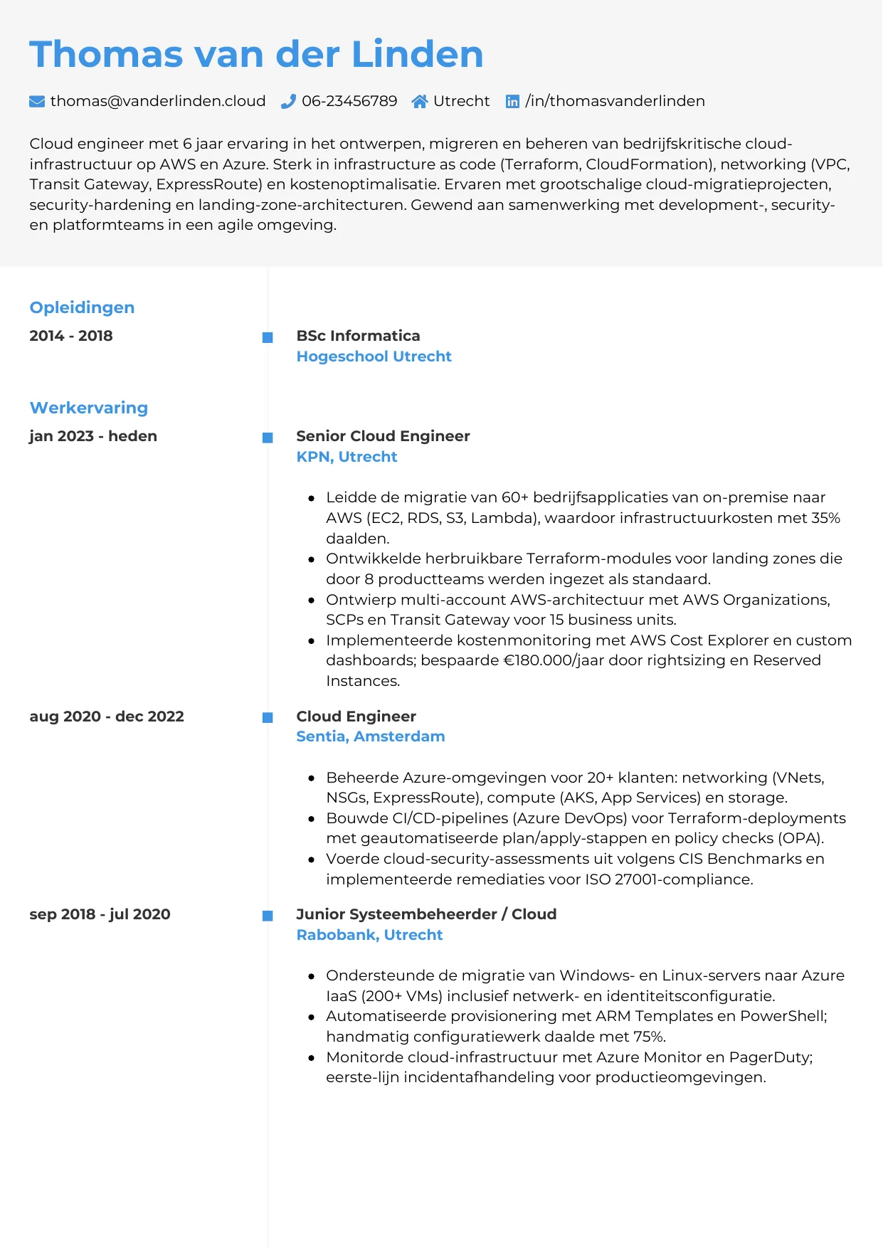 Voorbeeld CV voor cloud engineer in template Chrono. CV Chrono voor cloud engineer