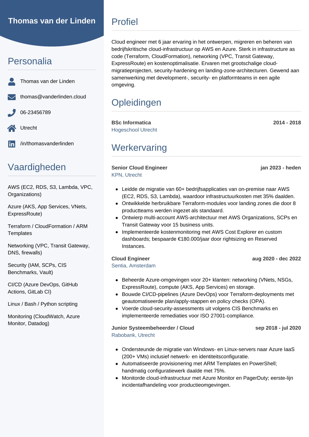 Voorbeeld CV voor cloud engineer in template Circulair. CV Circulair voor cloud engineer