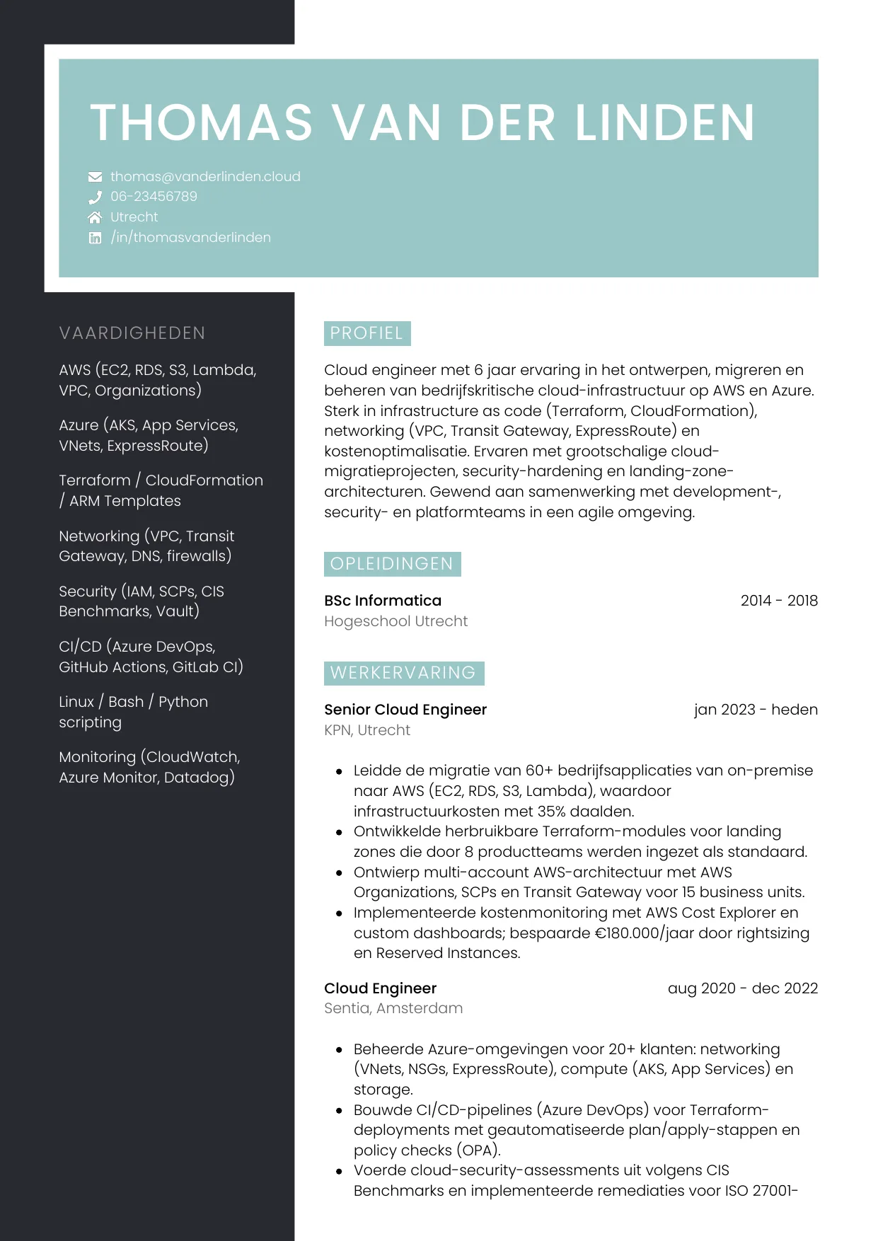 Voorbeeld CV voor cloud engineer in template Elegant. CV Elegant voor cloud engineer