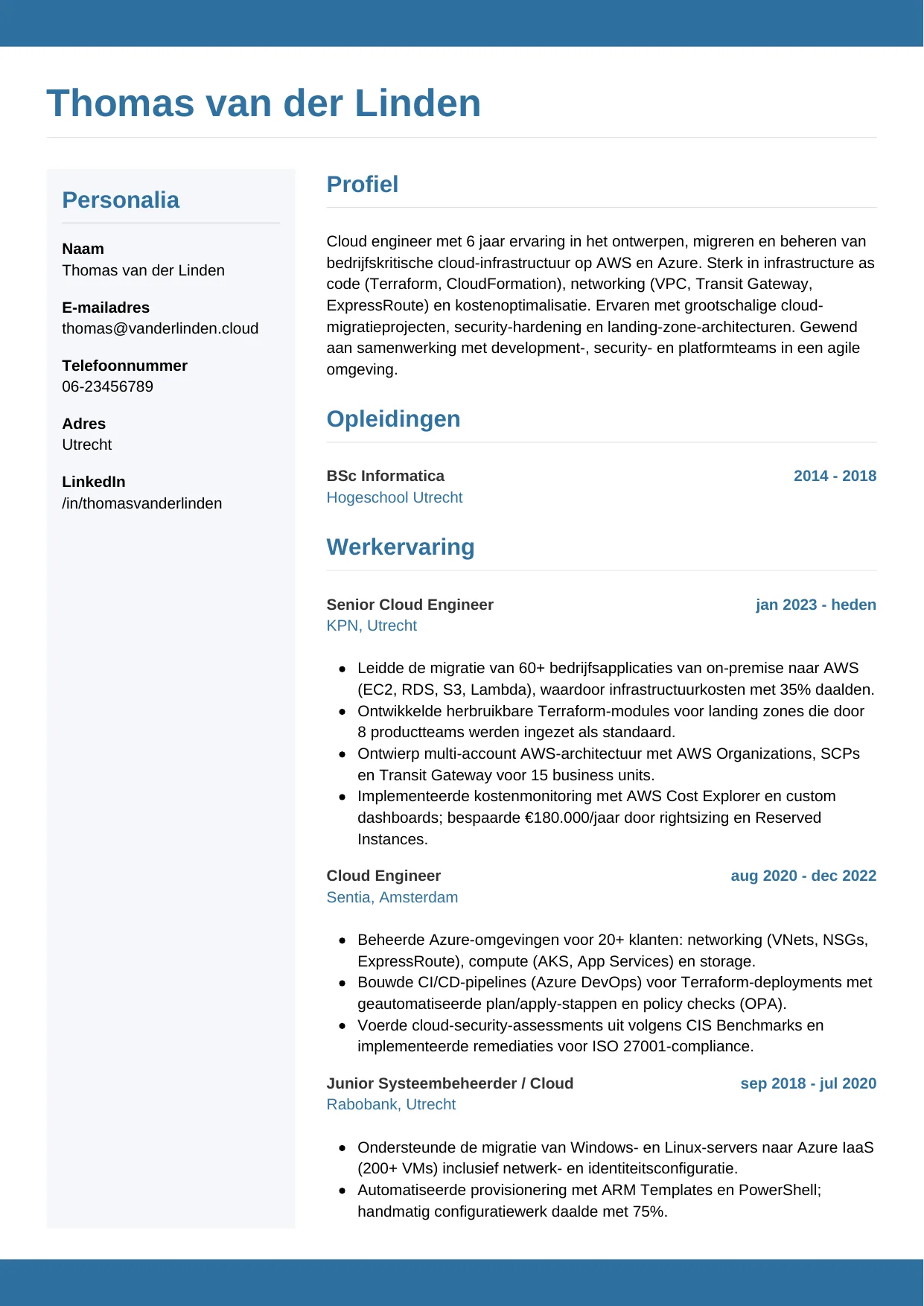 Voorbeeld CV voor cloud engineer in template Horizontaal. CV Horizontaal voor cloud engineer