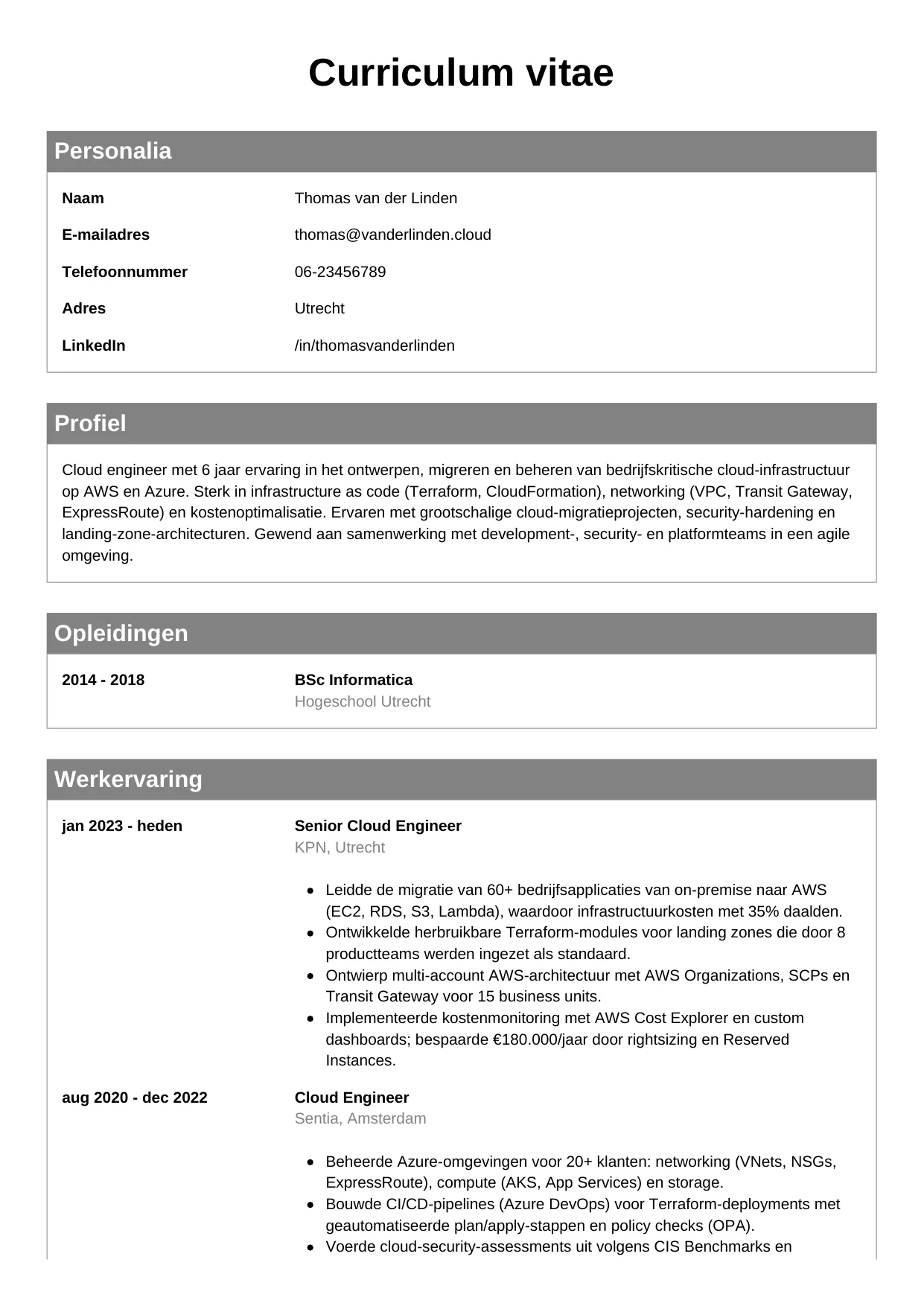 Voorbeeld CV voor cloud engineer in template Klassiek. CV Klassiek voor cloud engineer