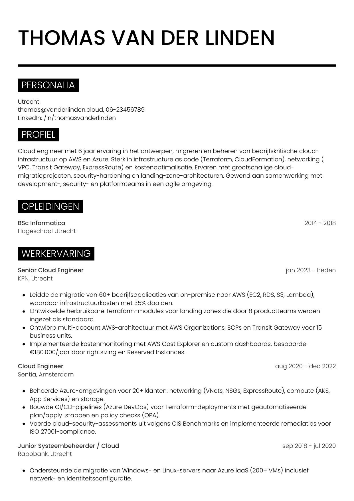 Voorbeeld CV voor cloud engineer in template Metro. CV Metro voor cloud engineer