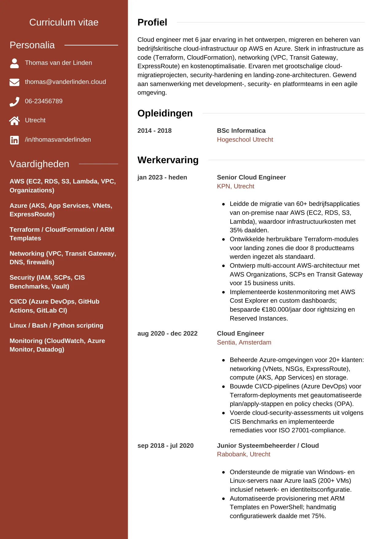 Voorbeeld CV voor cloud engineer in template Modern. CV Modern voor cloud engineer