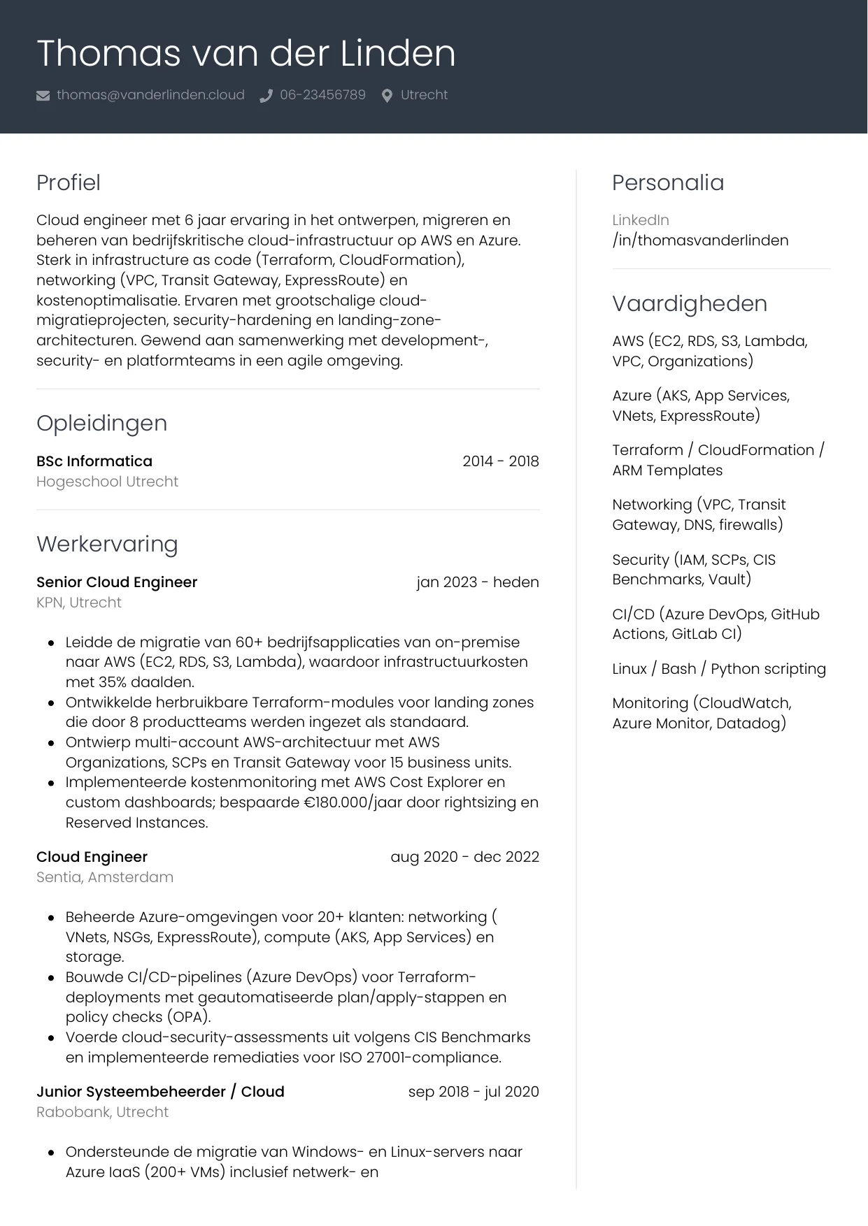Voorbeeld CV voor cloud engineer in template Professioneel. CV Professioneel voor cloud engineer