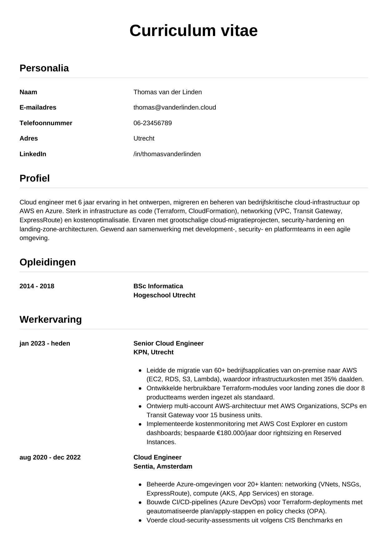Voorbeeld CV voor cloud engineer in template Simpel. CV Simpel voor cloud engineer