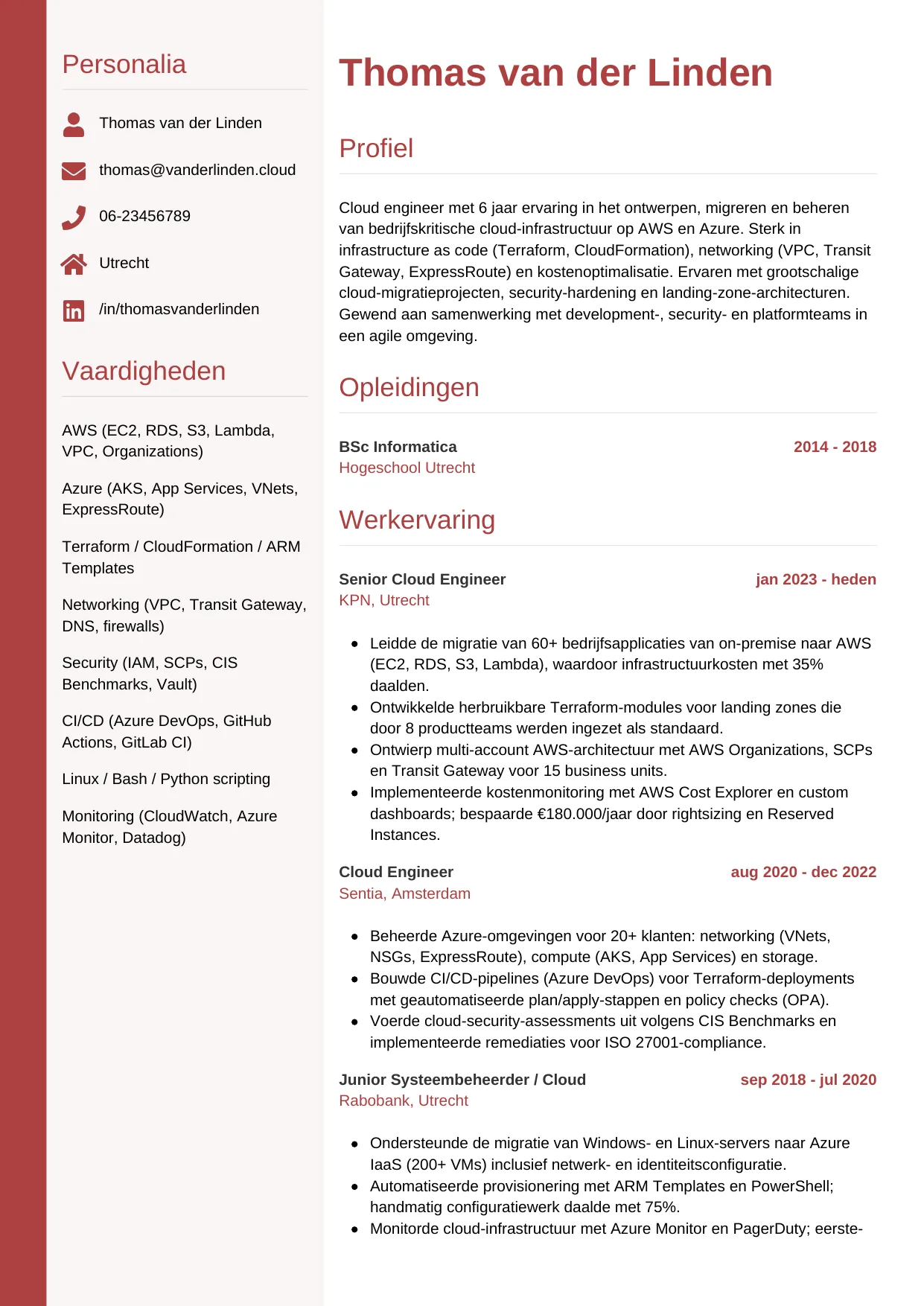 Voorbeeld CV voor cloud engineer in template Verticaal. CV Verticaal voor cloud engineer