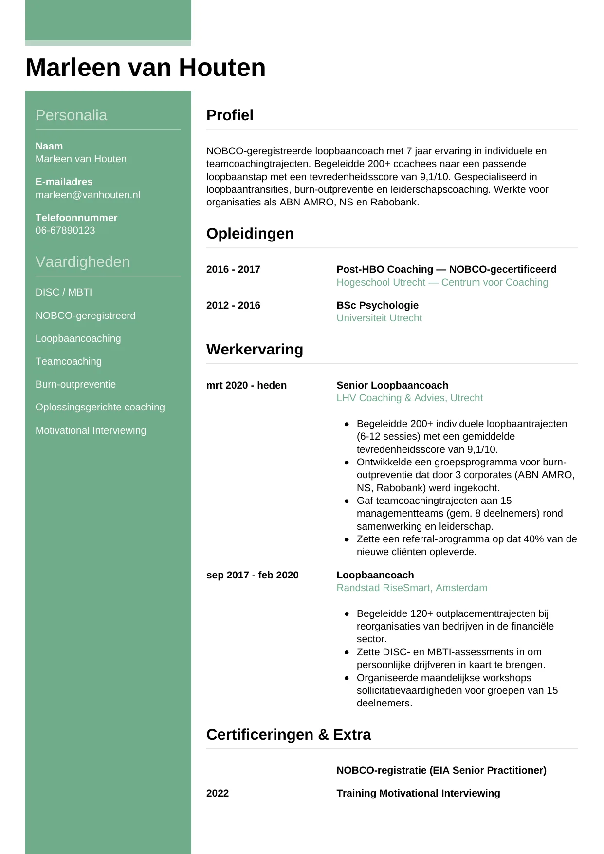 Voorbeeld CV voor coach in template Casual. CV Casual voor coach