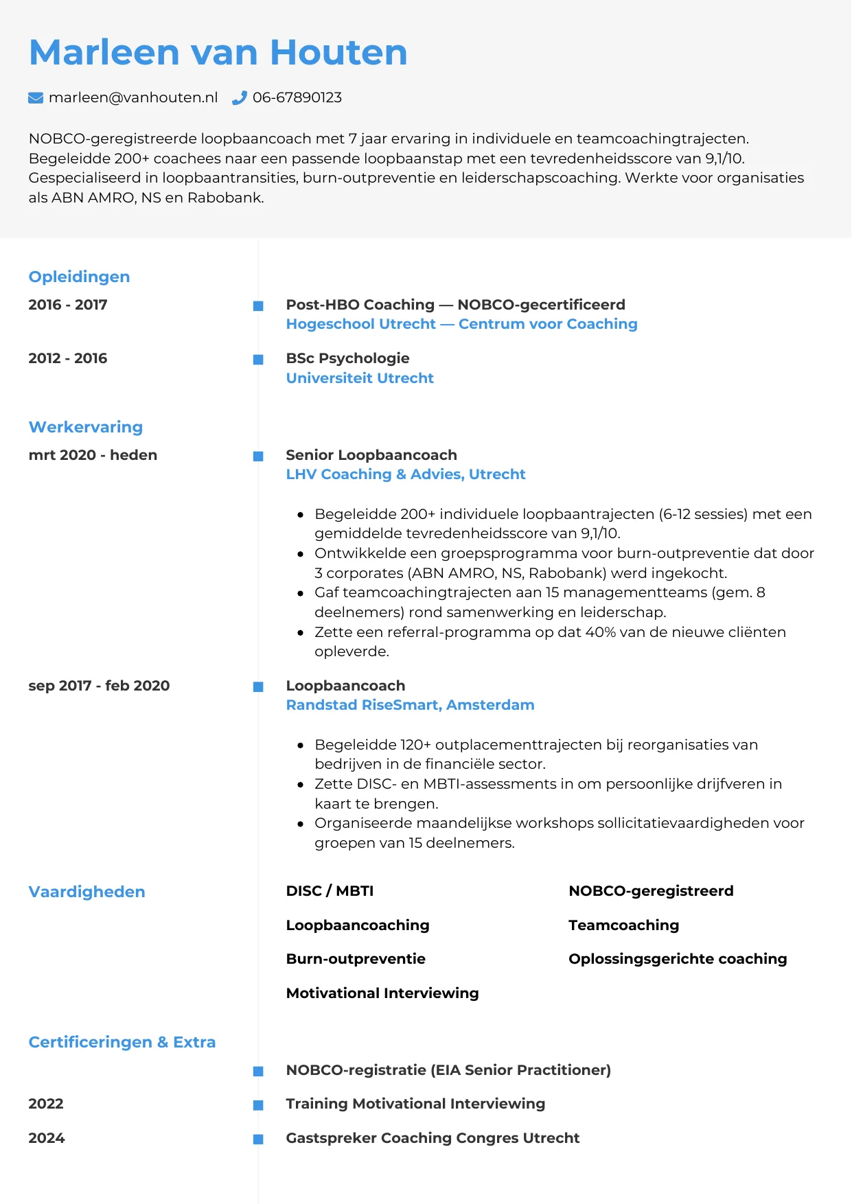 Voorbeeld CV voor coach in template Chrono. CV Chrono voor coach