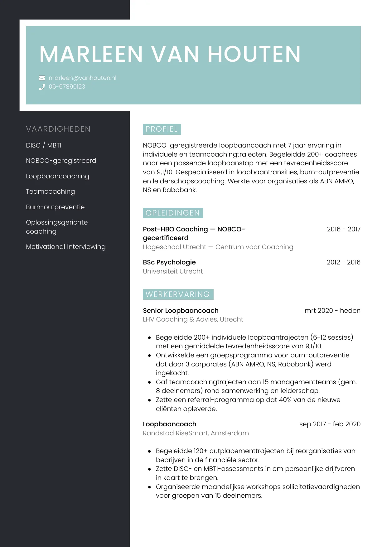 Voorbeeld CV voor coach in template Elegant. CV Elegant voor coach