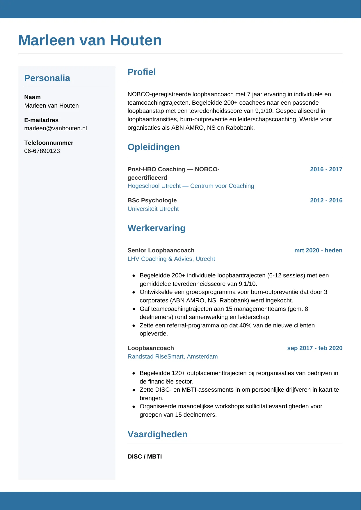 Voorbeeld CV voor coach in template Horizontaal. CV Horizontaal voor coach