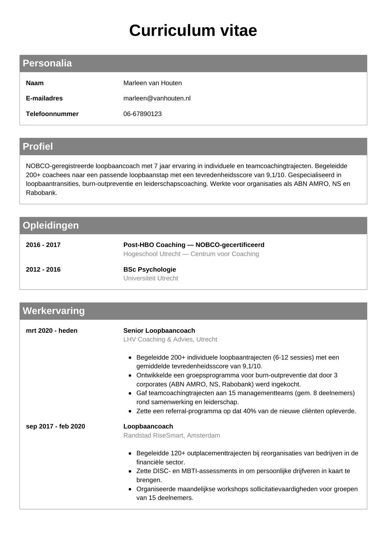Voorbeeld CV voor coach in template Klassiek. CV Klassiek voor coach