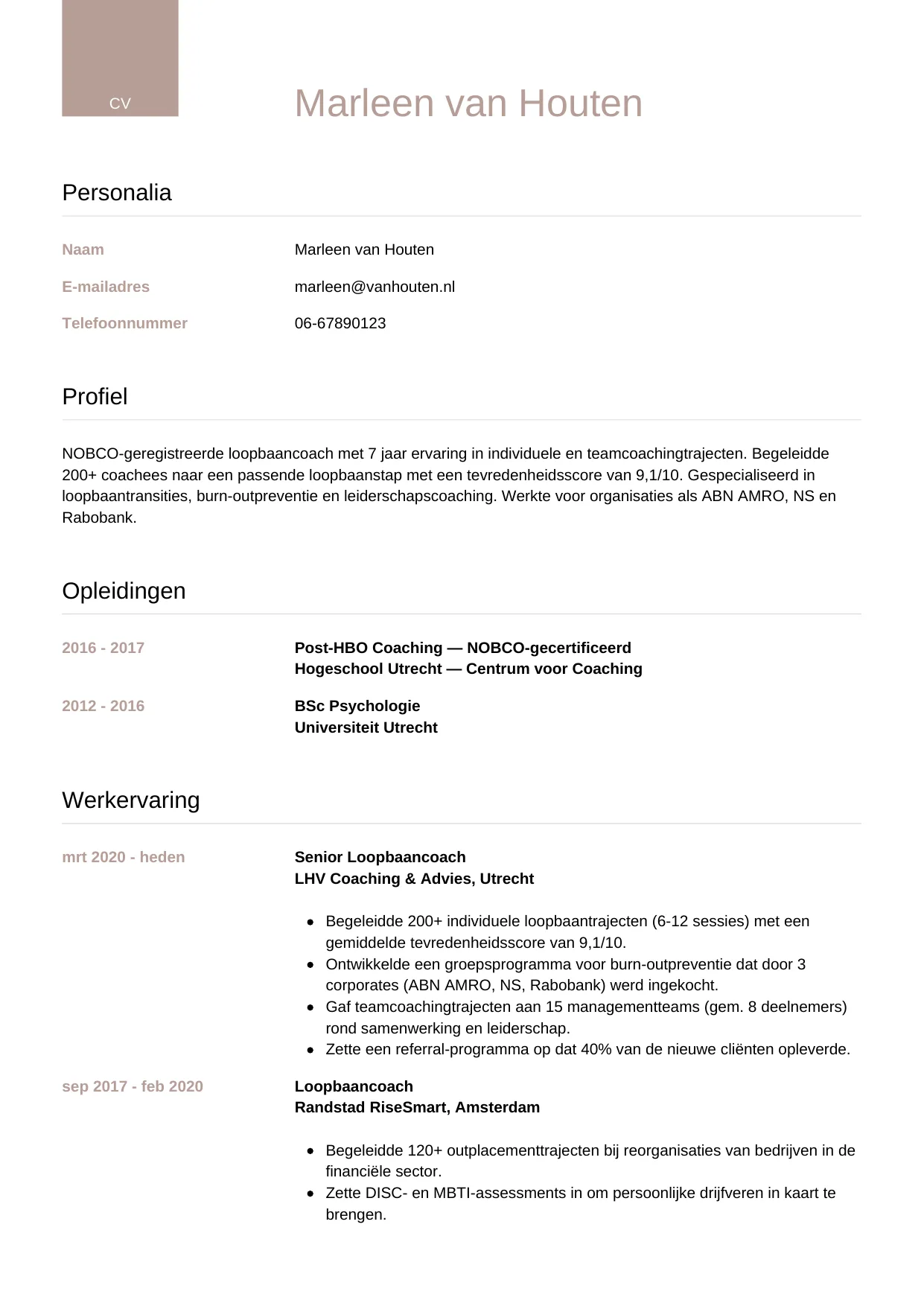 Voorbeeld CV voor coach in template Luxe. CV Luxe voor coach