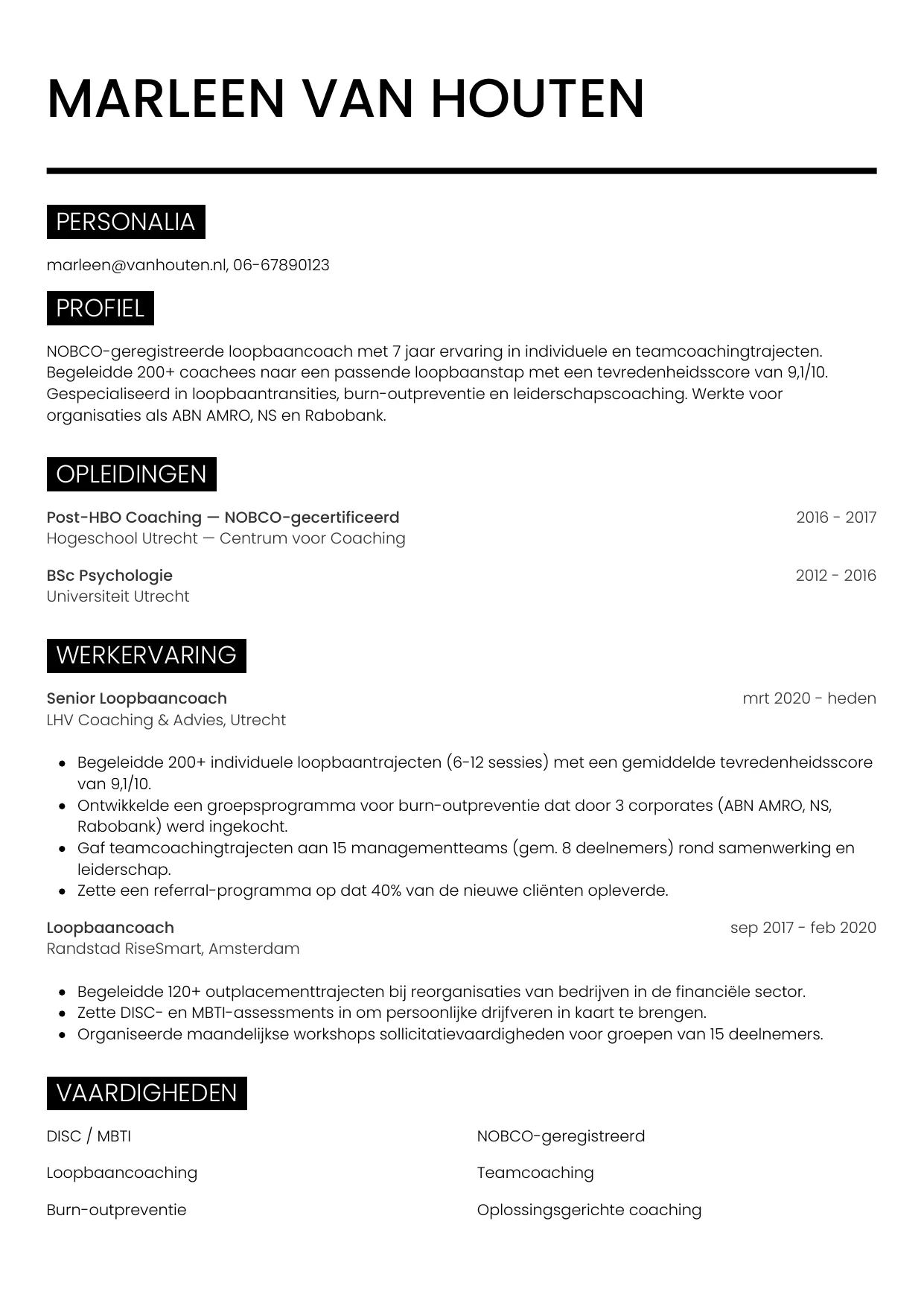 Voorbeeld CV voor coach in template Metro. CV Metro voor coach