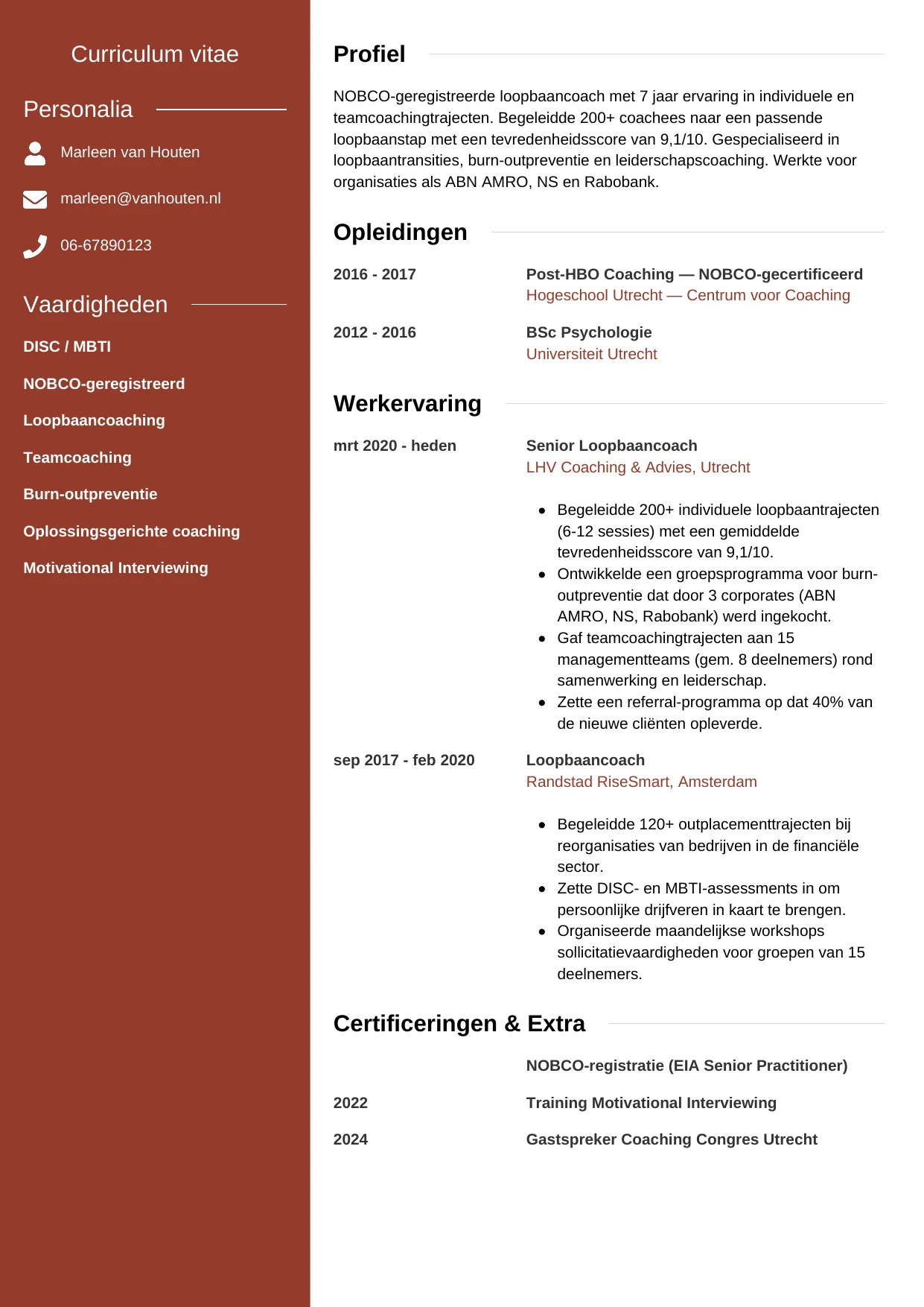Voorbeeld CV voor coach in template Modern. CV Modern voor coach