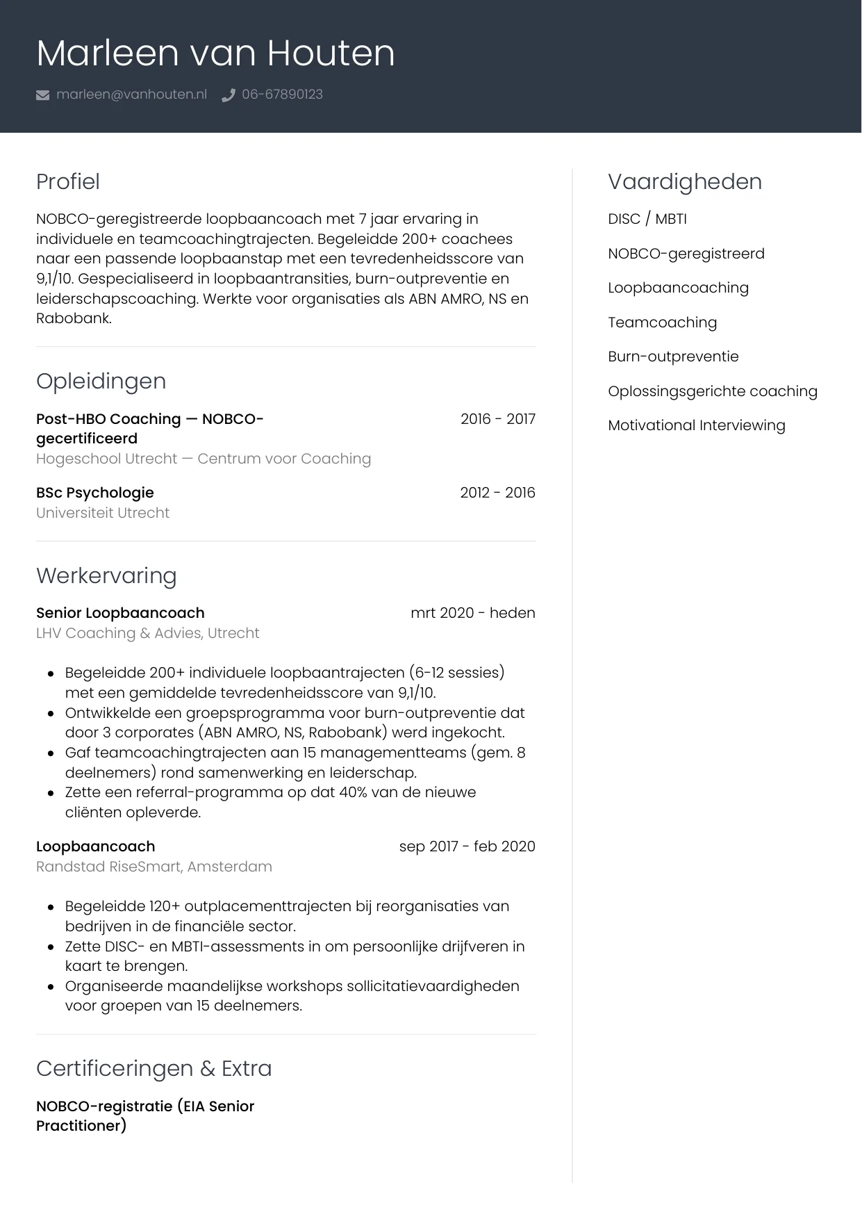 Voorbeeld CV voor coach in template Professioneel. CV Professioneel voor coach