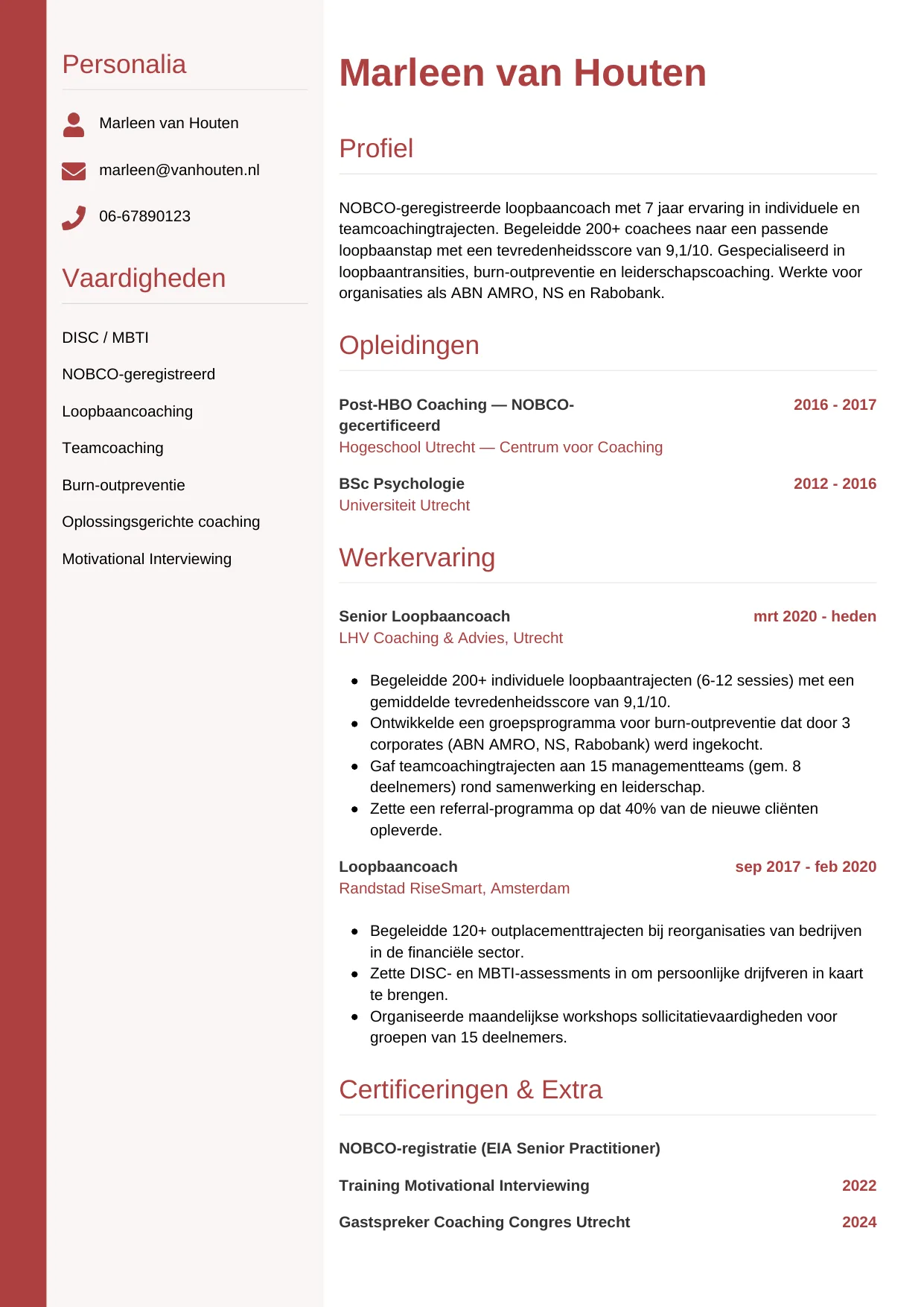 Voorbeeld CV voor coach in template Verticaal. CV Verticaal voor coach