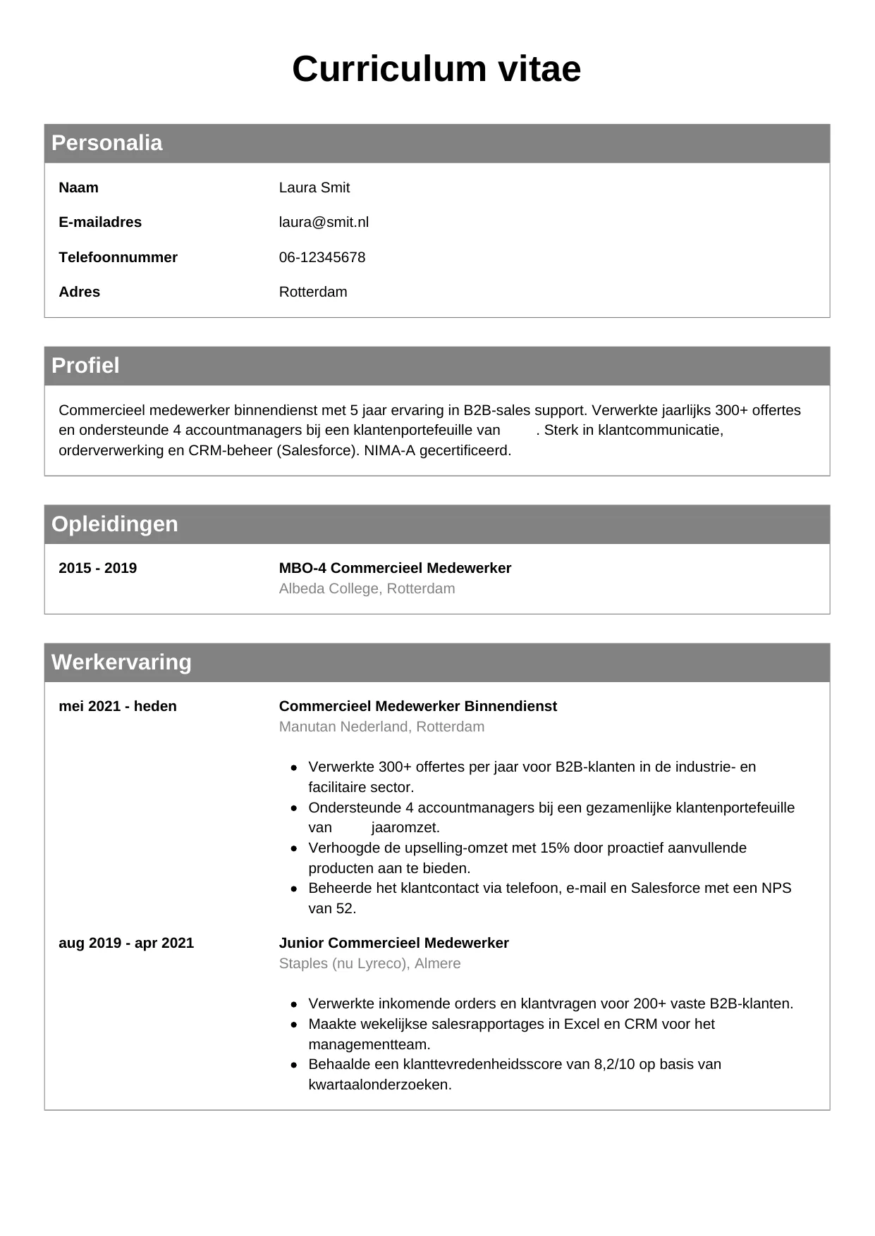 CV Klassiek voor commercieel medewerker