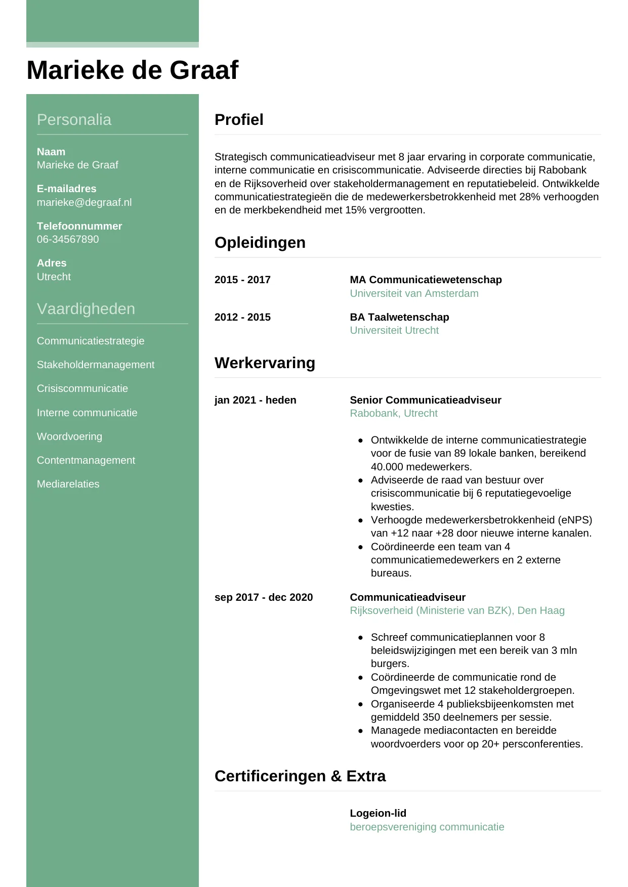 Voorbeeld CV voor communicatieadviseur in template Casual. CV Casual voor communicatieadviseur