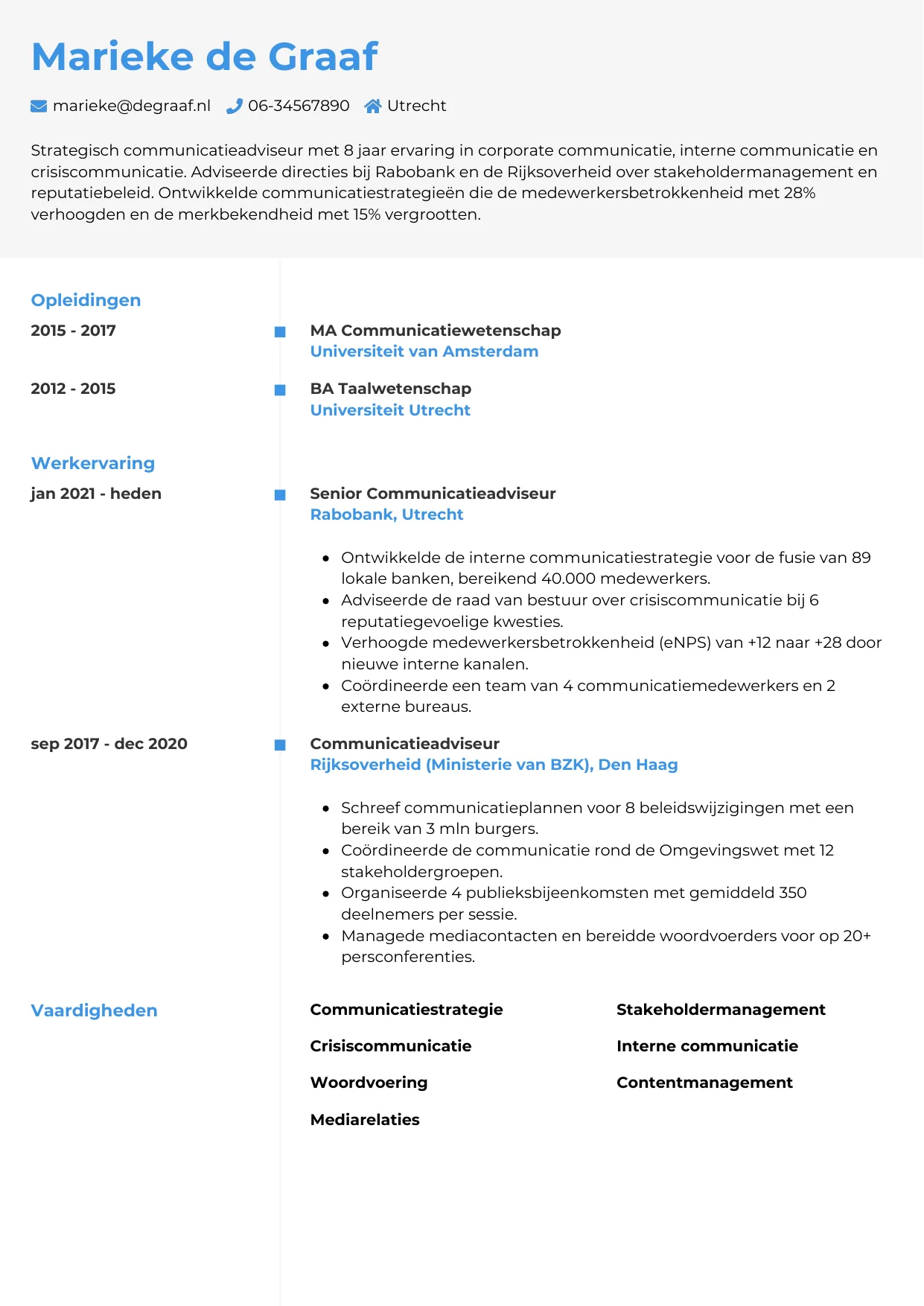 Voorbeeld CV voor communicatieadviseur in template Chrono. CV Chrono voor communicatieadviseur