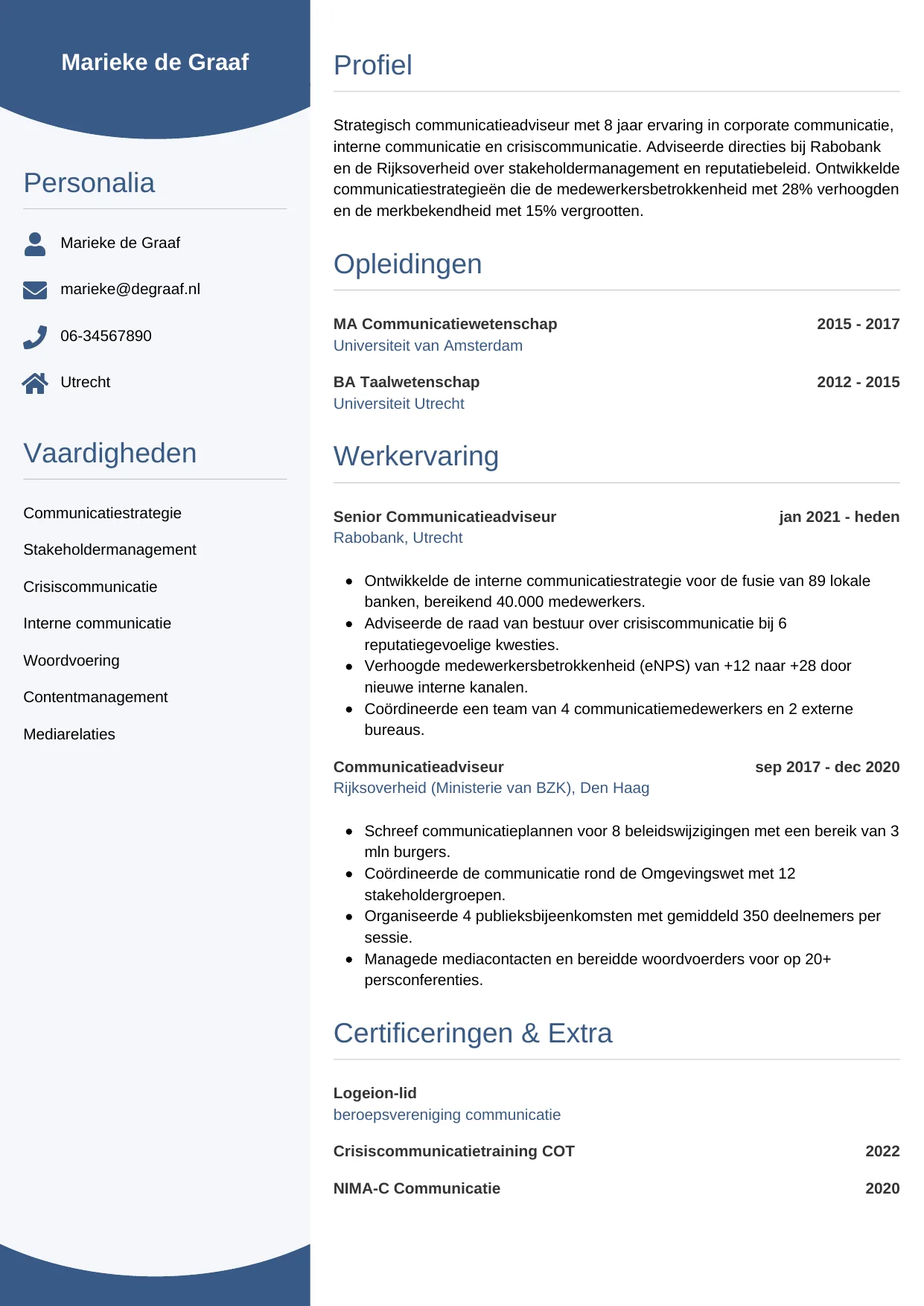 Voorbeeld CV voor communicatieadviseur in template Circulair. CV Circulair voor communicatieadviseur