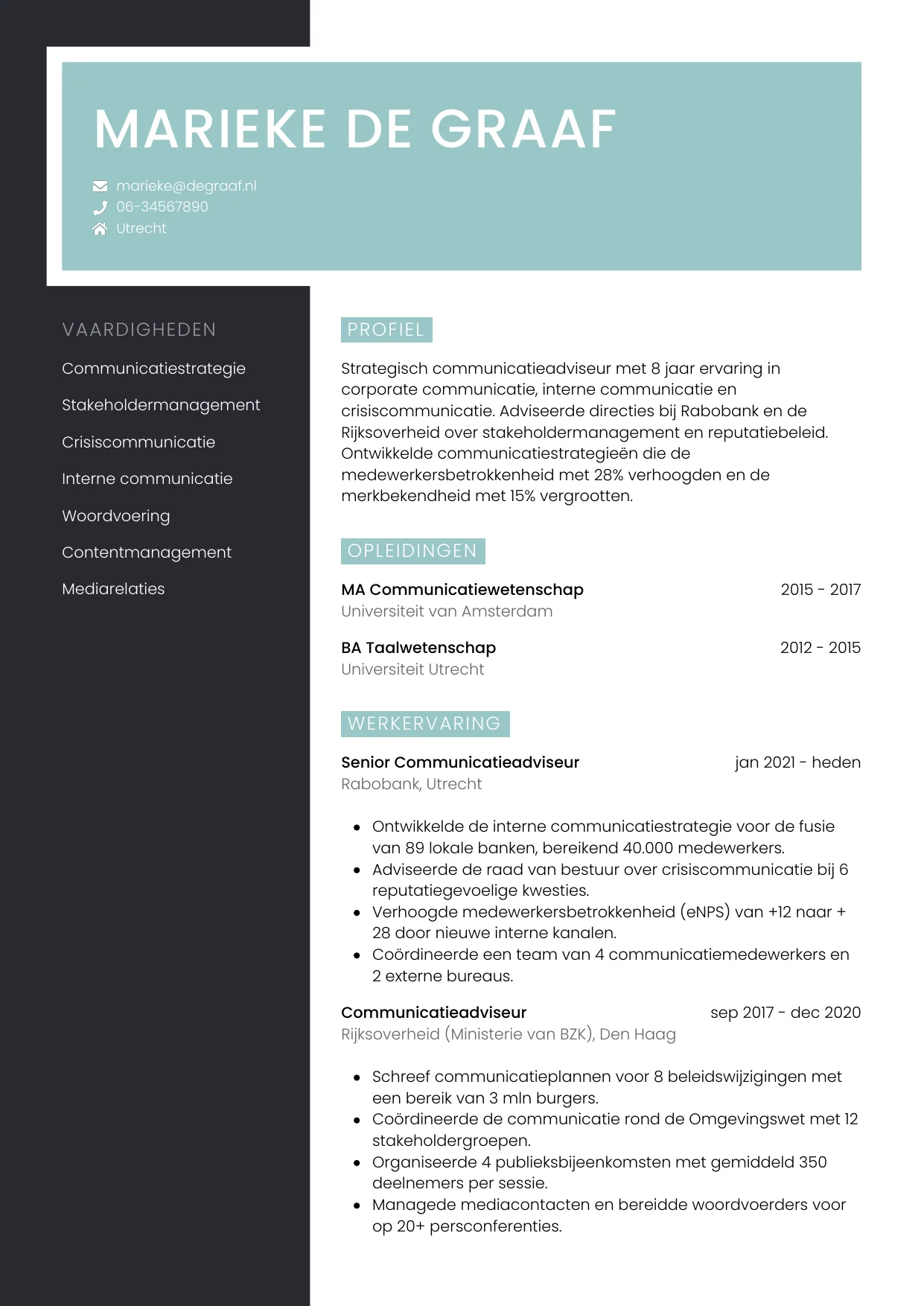 Voorbeeld CV voor communicatieadviseur in template Elegant. CV Elegant voor communicatieadviseur