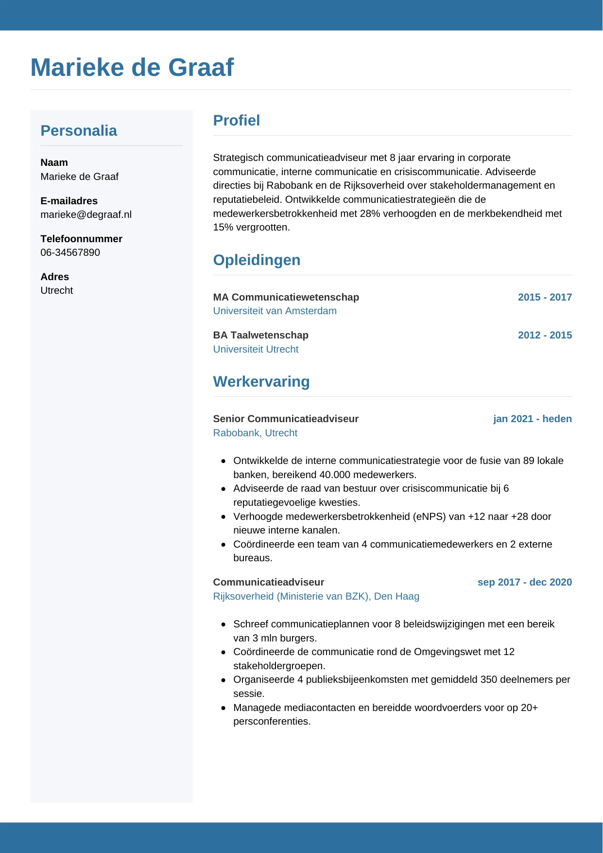 Voorbeeld CV voor communicatieadviseur in template Horizontaal. CV Horizontaal voor communicatieadviseur