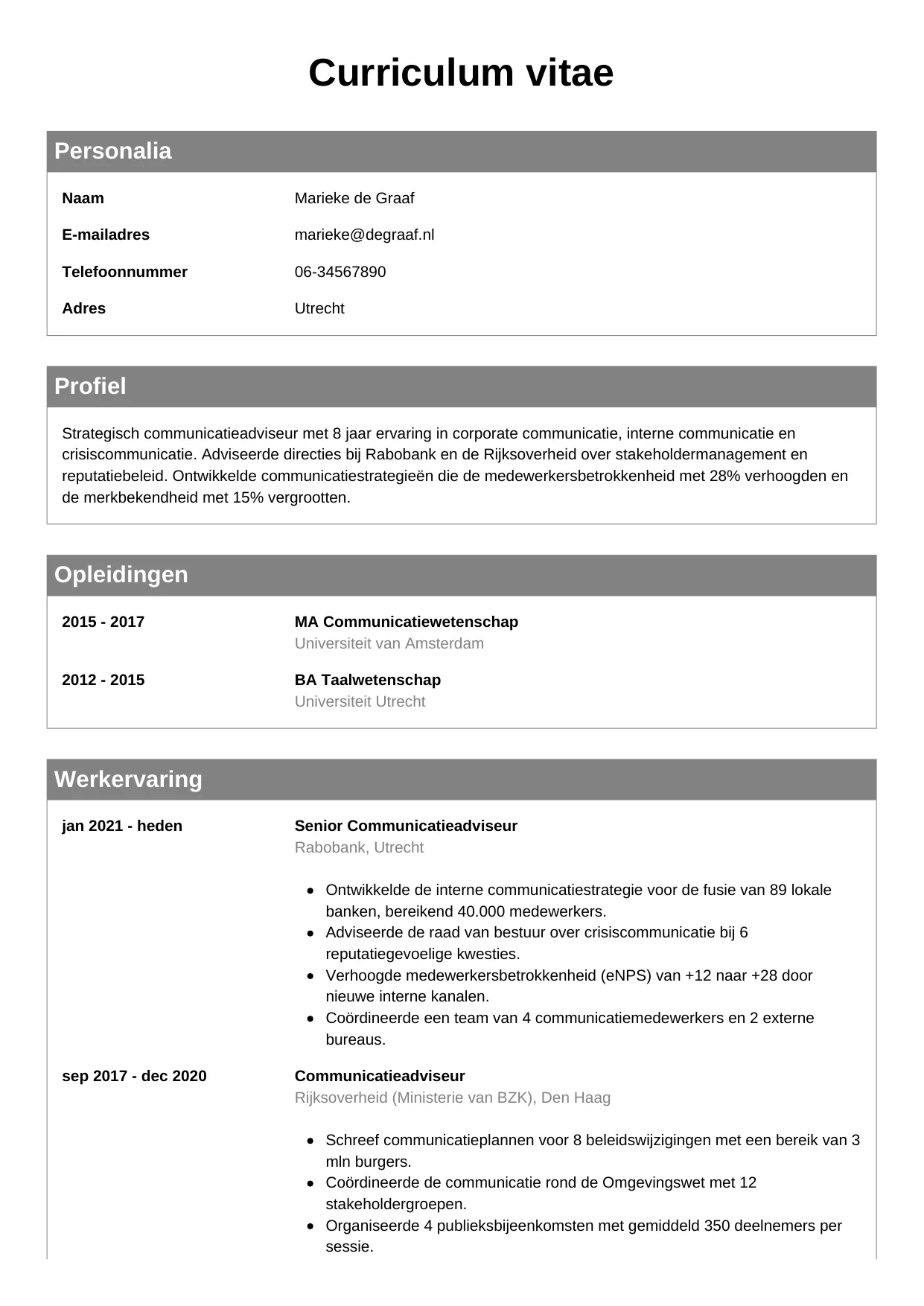 Voorbeeld CV voor communicatieadviseur in template Klassiek. CV Klassiek voor communicatieadviseur
