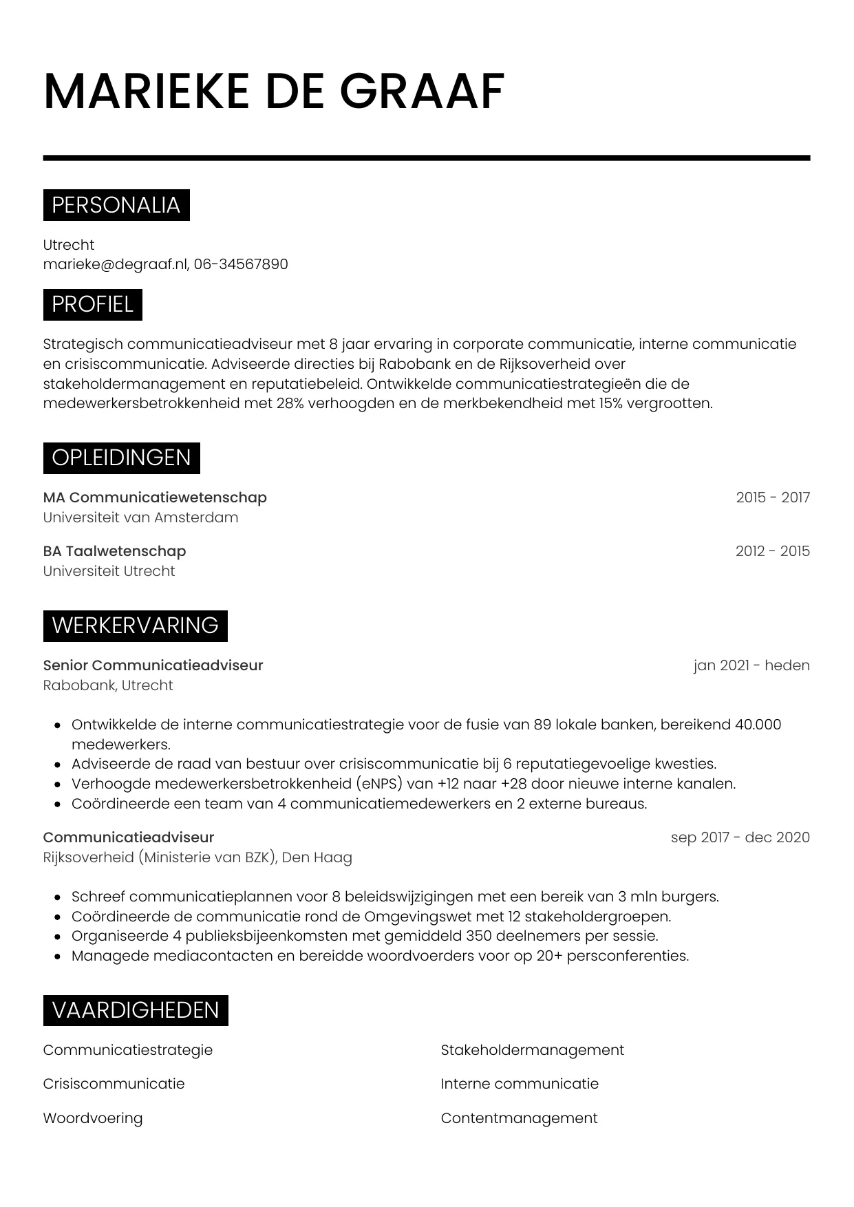 Voorbeeld CV voor communicatieadviseur in template Metro. CV Metro voor communicatieadviseur