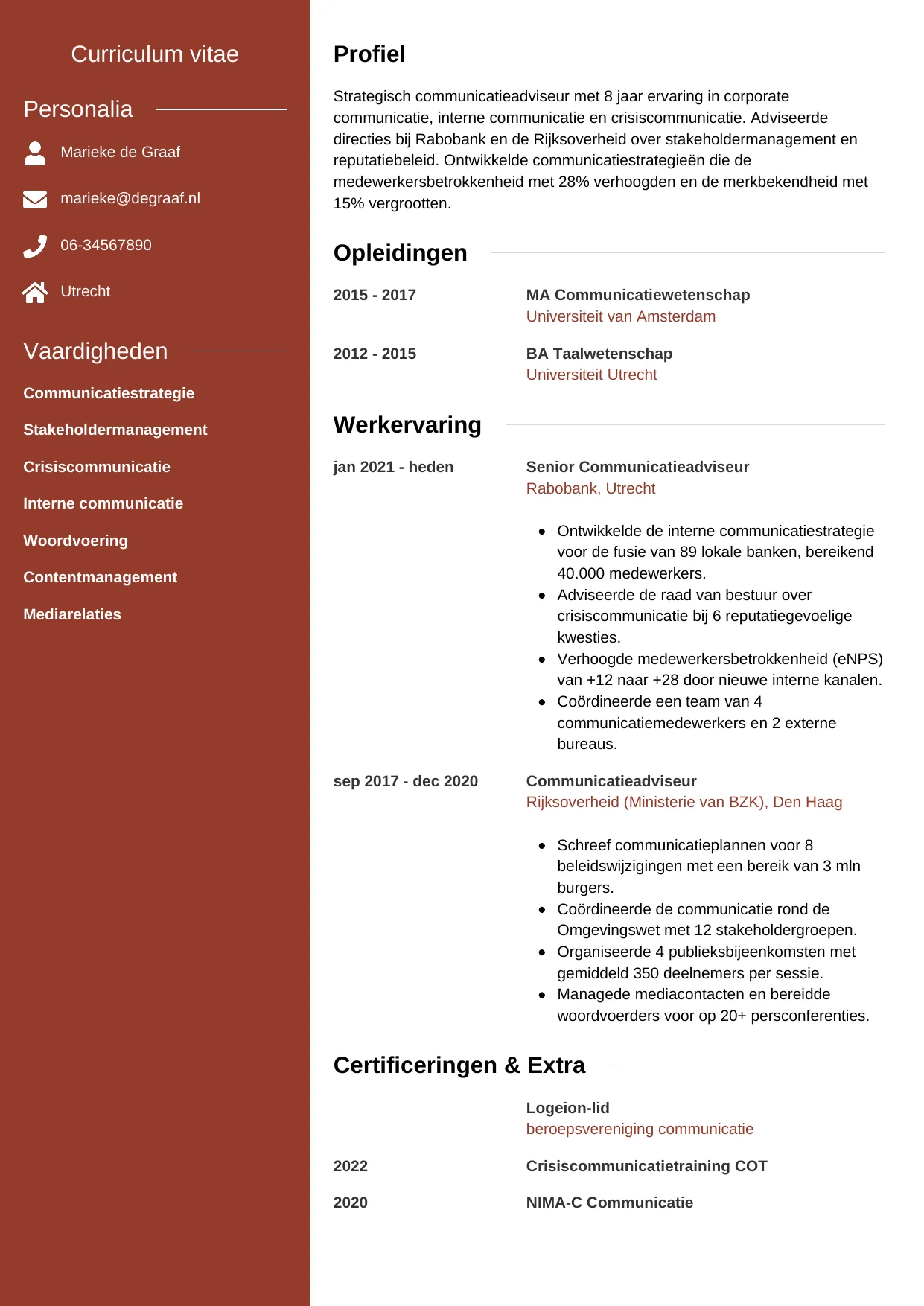 Voorbeeld CV voor communicatieadviseur in template Modern. CV Modern voor communicatieadviseur