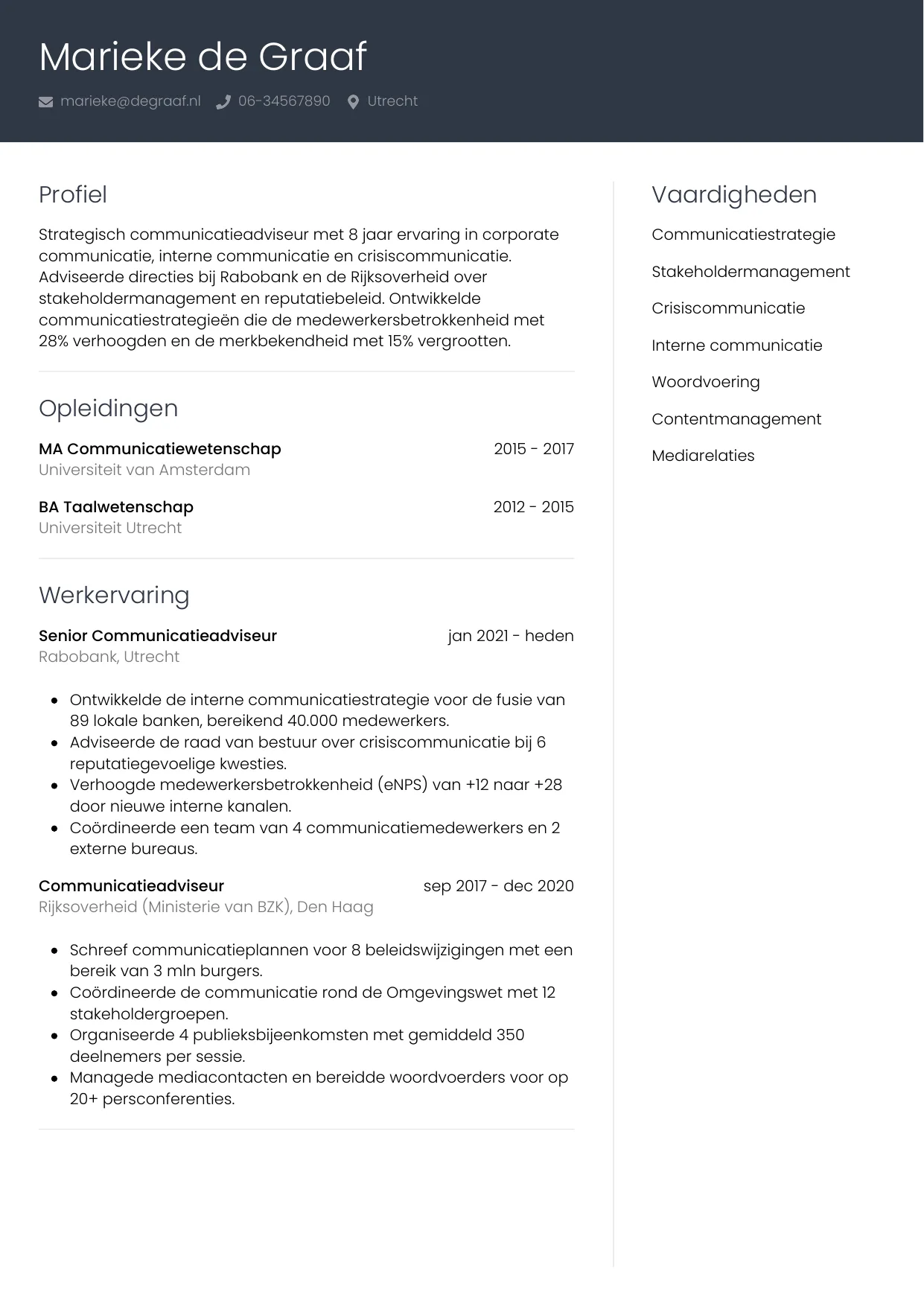 Voorbeeld CV voor communicatieadviseur in template Professioneel. CV Professioneel voor communicatieadviseur