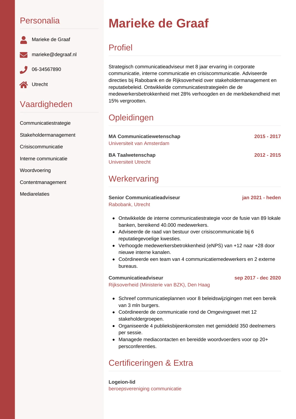 Voorbeeld CV voor communicatieadviseur in template Verticaal. CV Verticaal voor communicatieadviseur