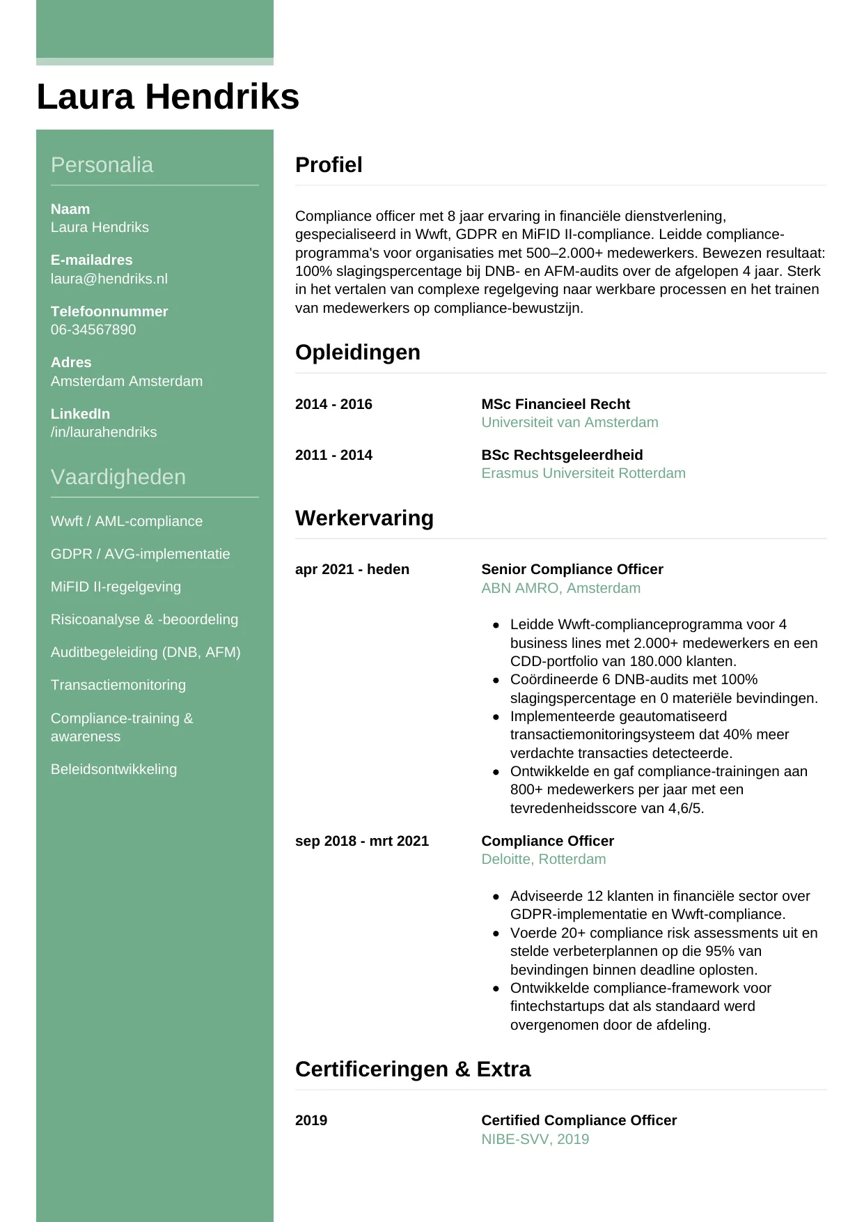 Voorbeeld CV voor compliance officer in template Casual. CV Casual voor compliance officer