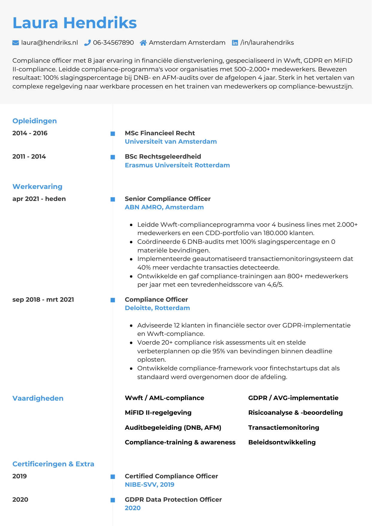 Voorbeeld CV voor compliance officer in template Chrono. CV Chrono voor compliance officer