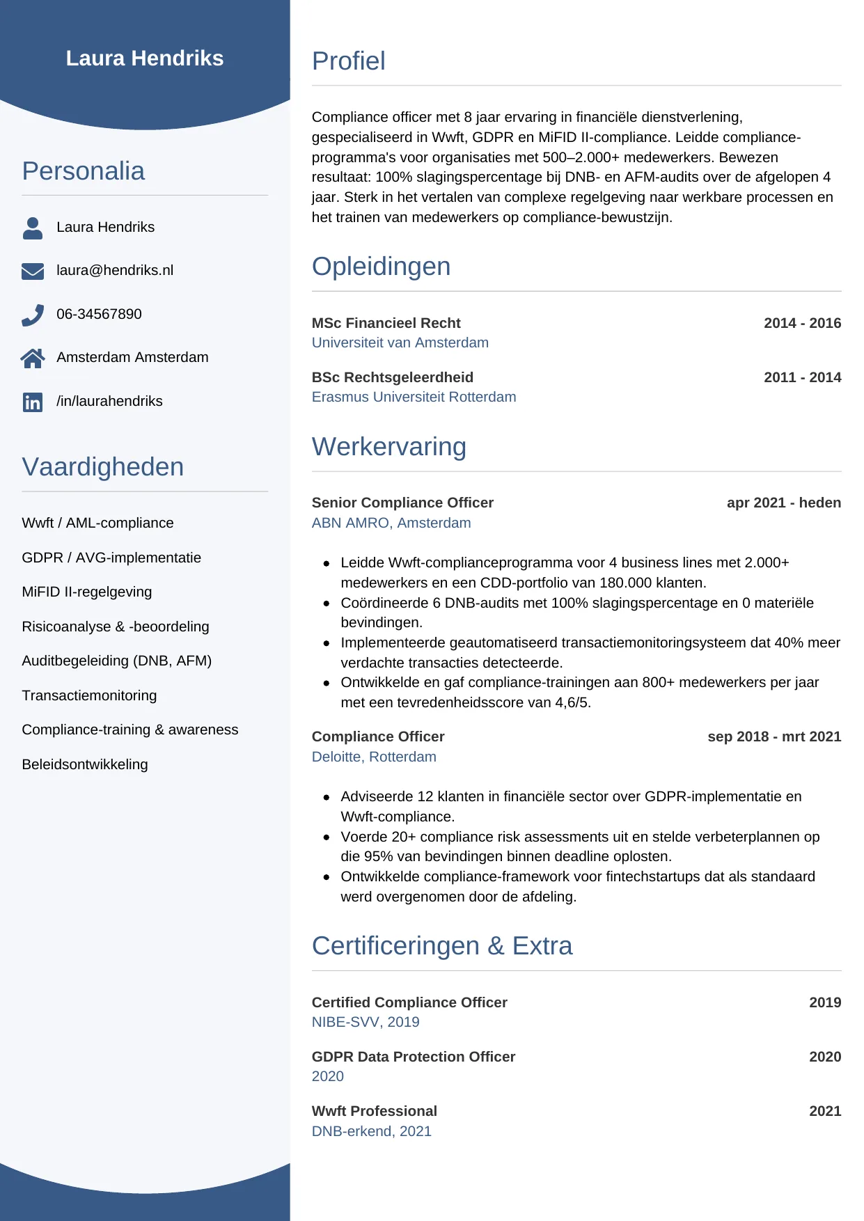Voorbeeld CV voor compliance officer in template Circulair. CV Circulair voor compliance officer