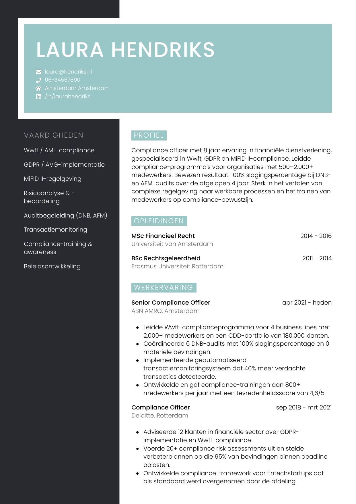 Voorbeeld CV voor compliance officer in template Elegant. CV Elegant voor compliance officer